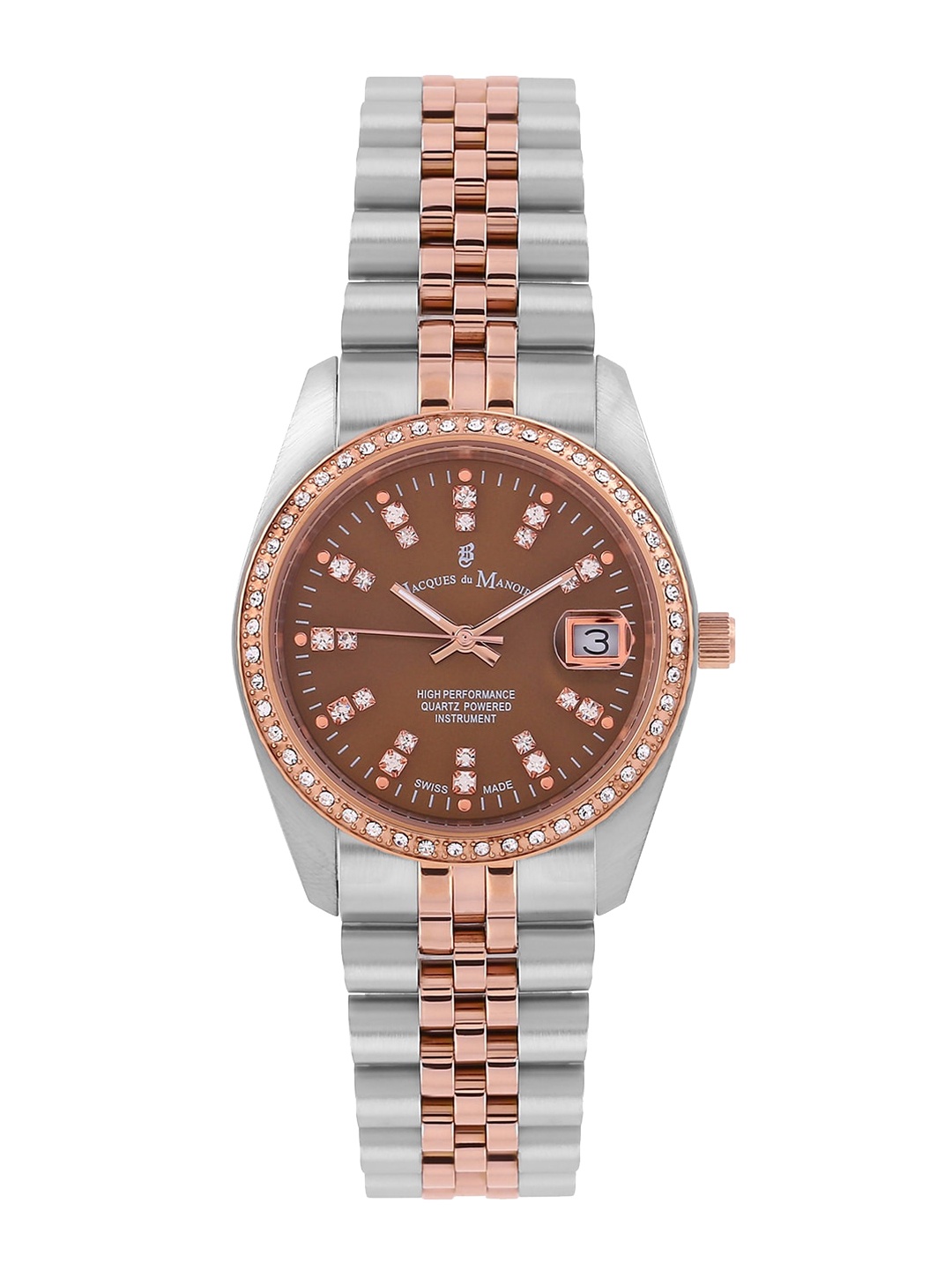 

JACQUES du MANOIR Women Brown Brass Embellished Dial & Multicoloured Stainless Steel Bracelet Style Straps Watch