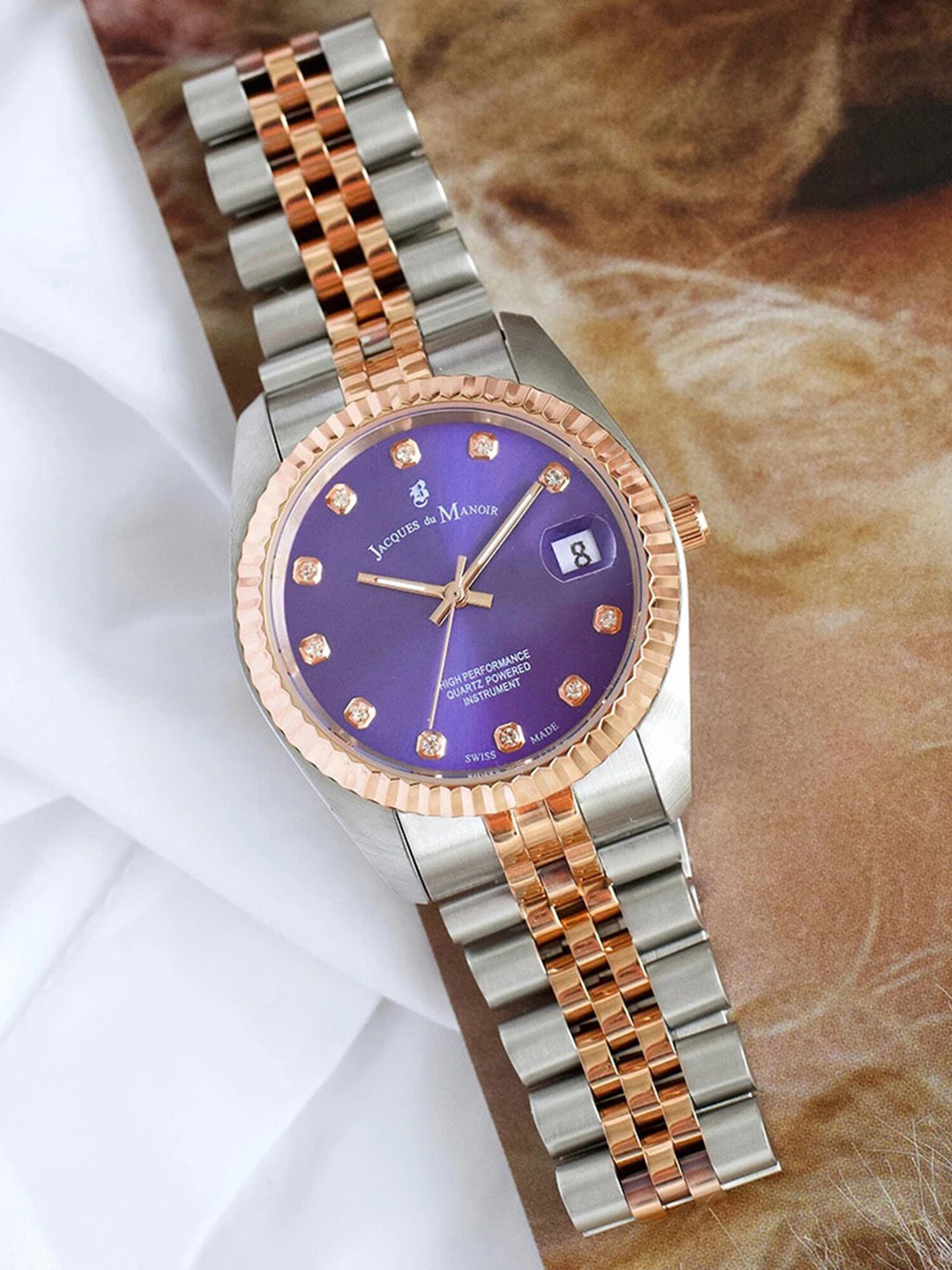 

JACQUES du MANOIR Women Purple Brass Embellished Dial & Steel Bracelet Style Straps Watch