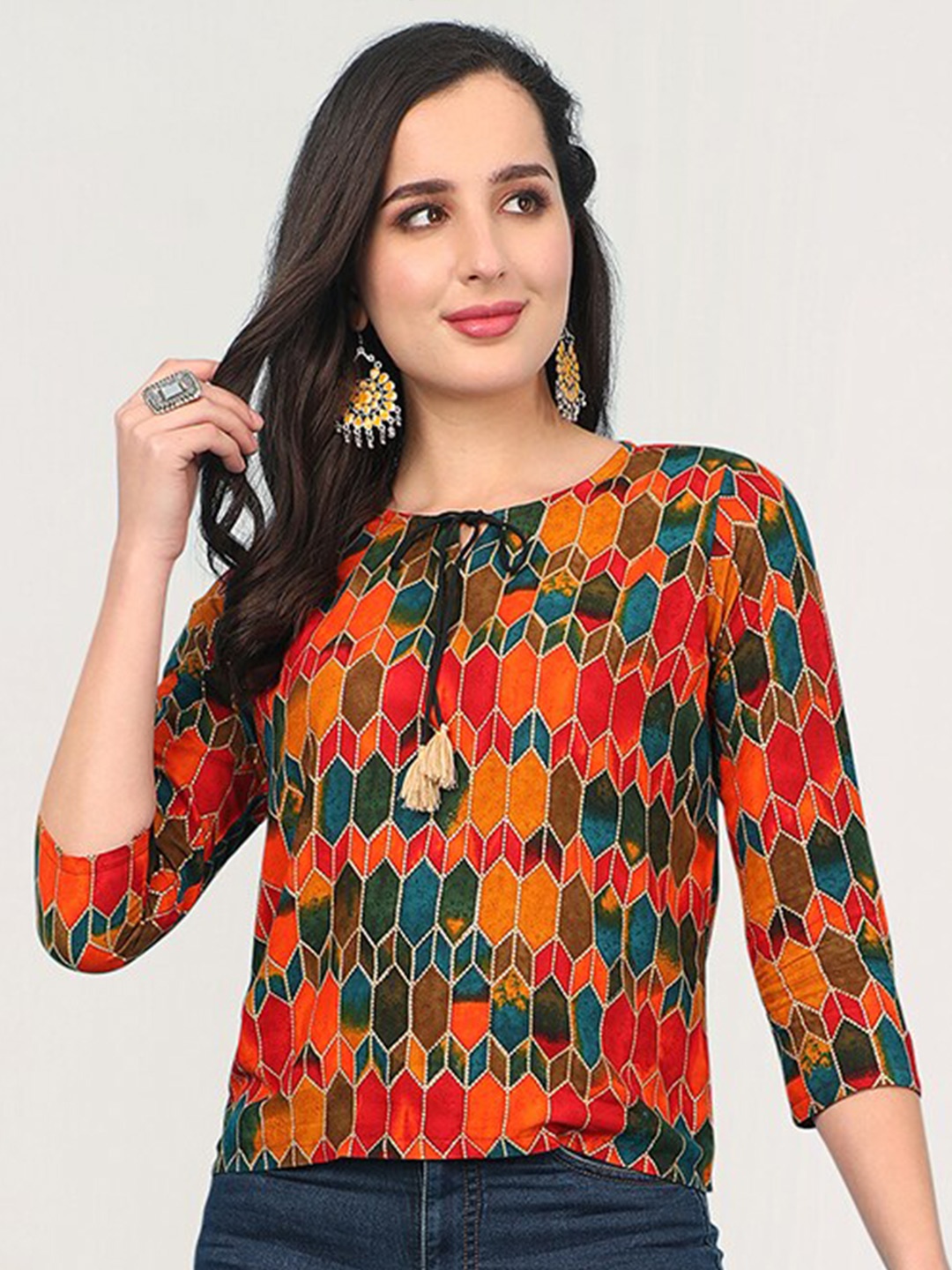 

J Turritopsis Multicoloured Geometric Print Tie-Up Neck Top, Multi