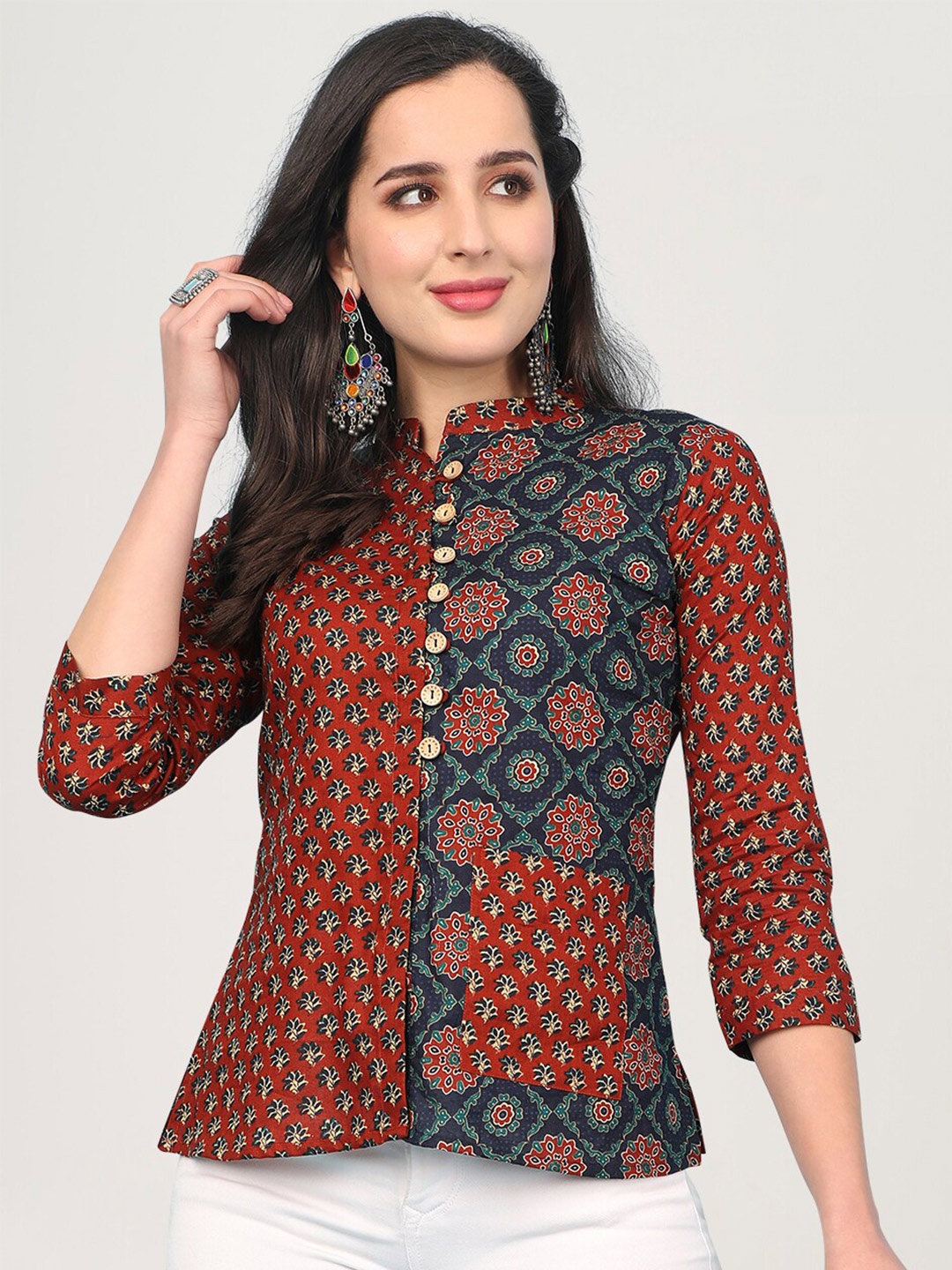 

J Turritopsis Red & Navy Blue Floral Print Mandarin Collar Shirt Style Top