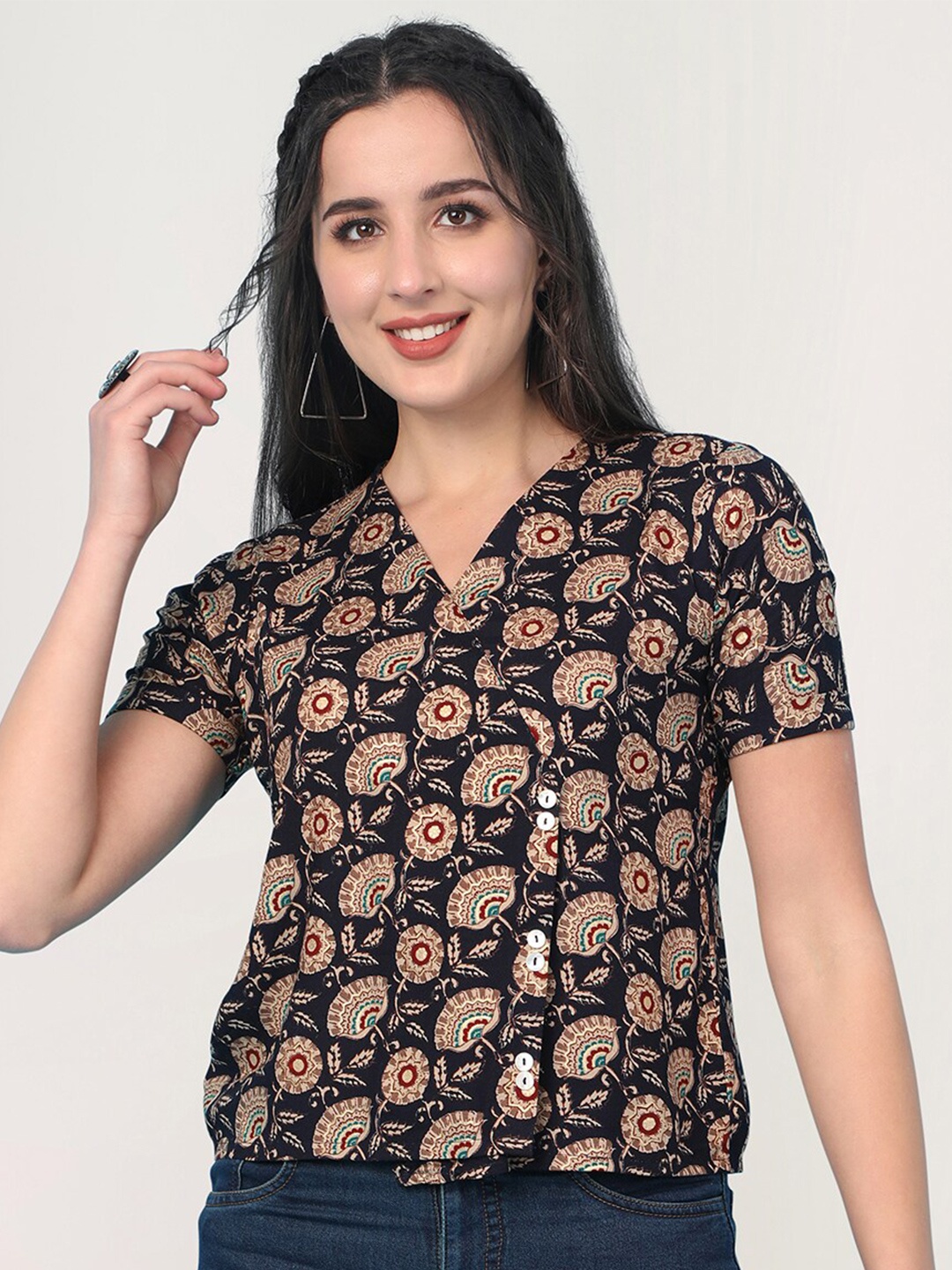 

J Turritopsis Women Navy Blue Floral Print Top
