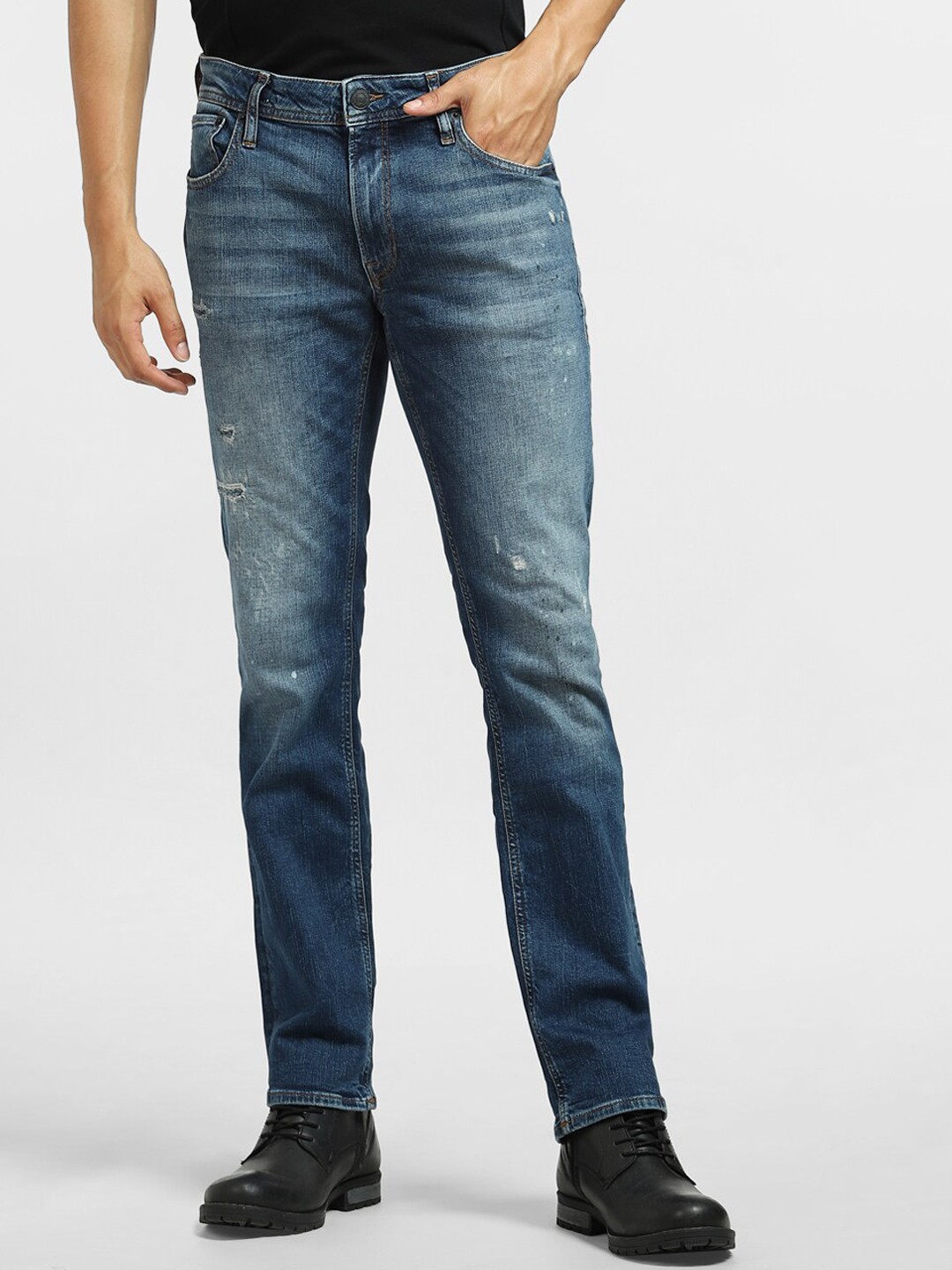 

Jack & Jones Men Blue Low-Rise Mildly Distressed Heavy Fade Stretchable Jeans