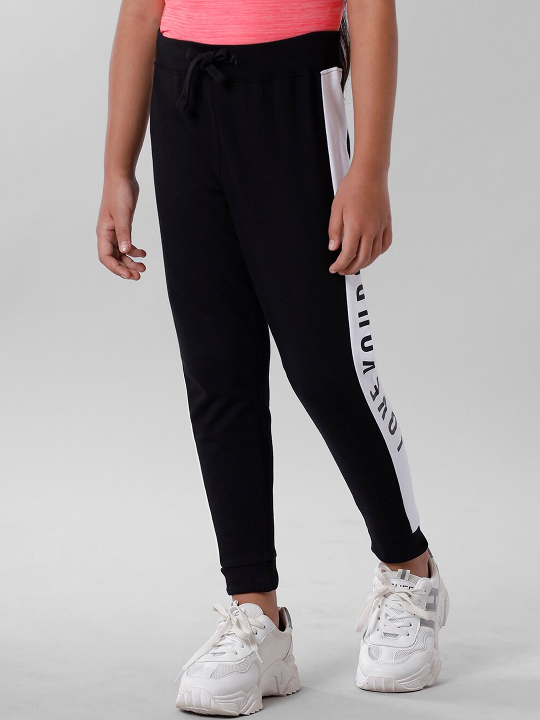 

De Moza Girls Black Printed Stripe White Joggers Trousers