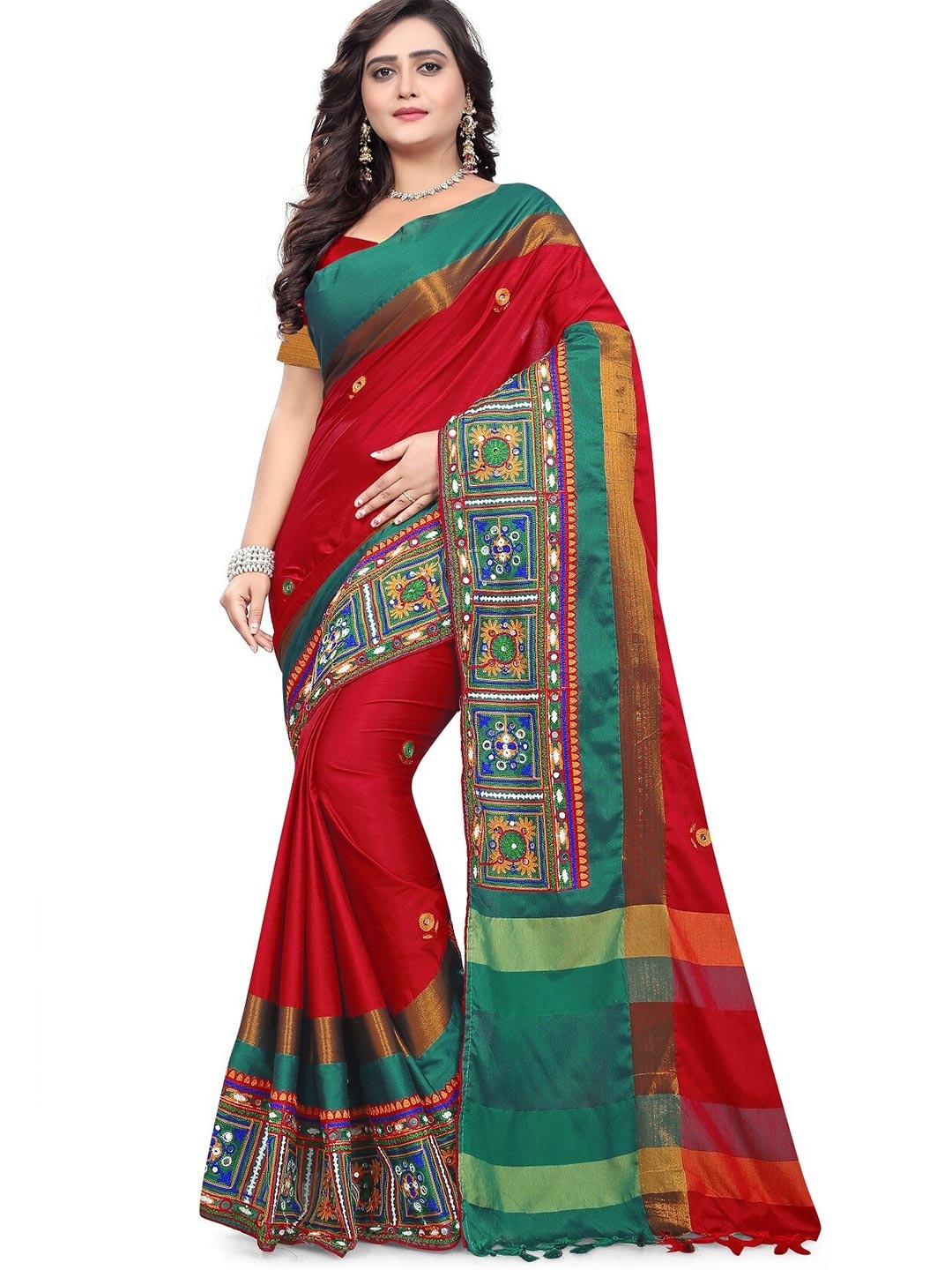

KALINI Women Red & Green Floral Embroidered Silk Cotton Jamdani Saree