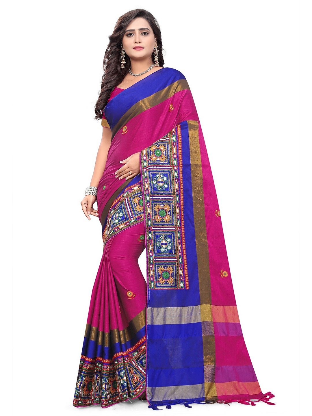 

KALINI Pink & Blue Ethnic Motifs Embroidered Jamdani Saree