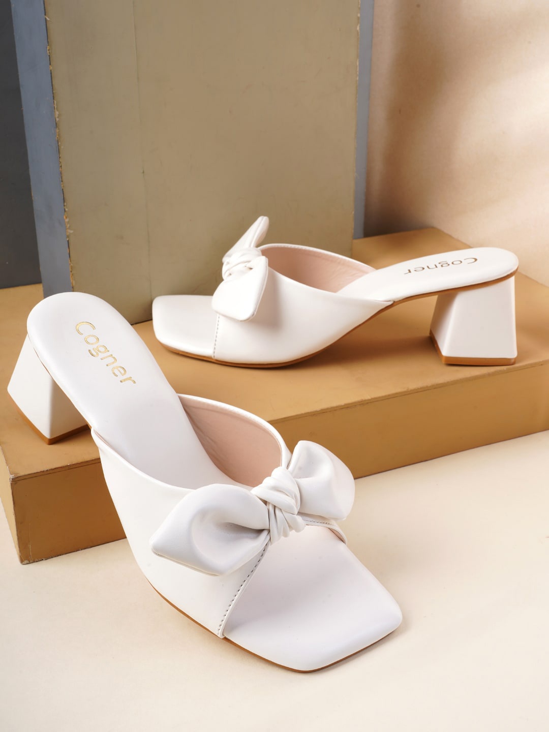 

Cogner White Party Block Peep Toes with Bows