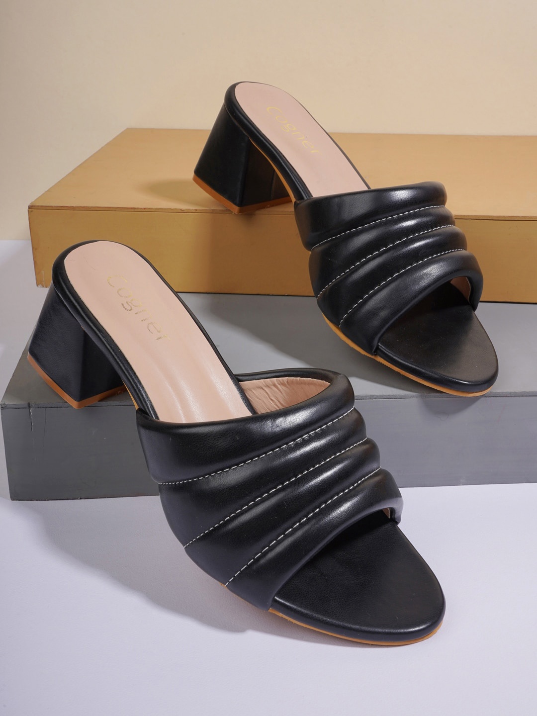 

Cogner Black Textured Party Block Peep Toes
