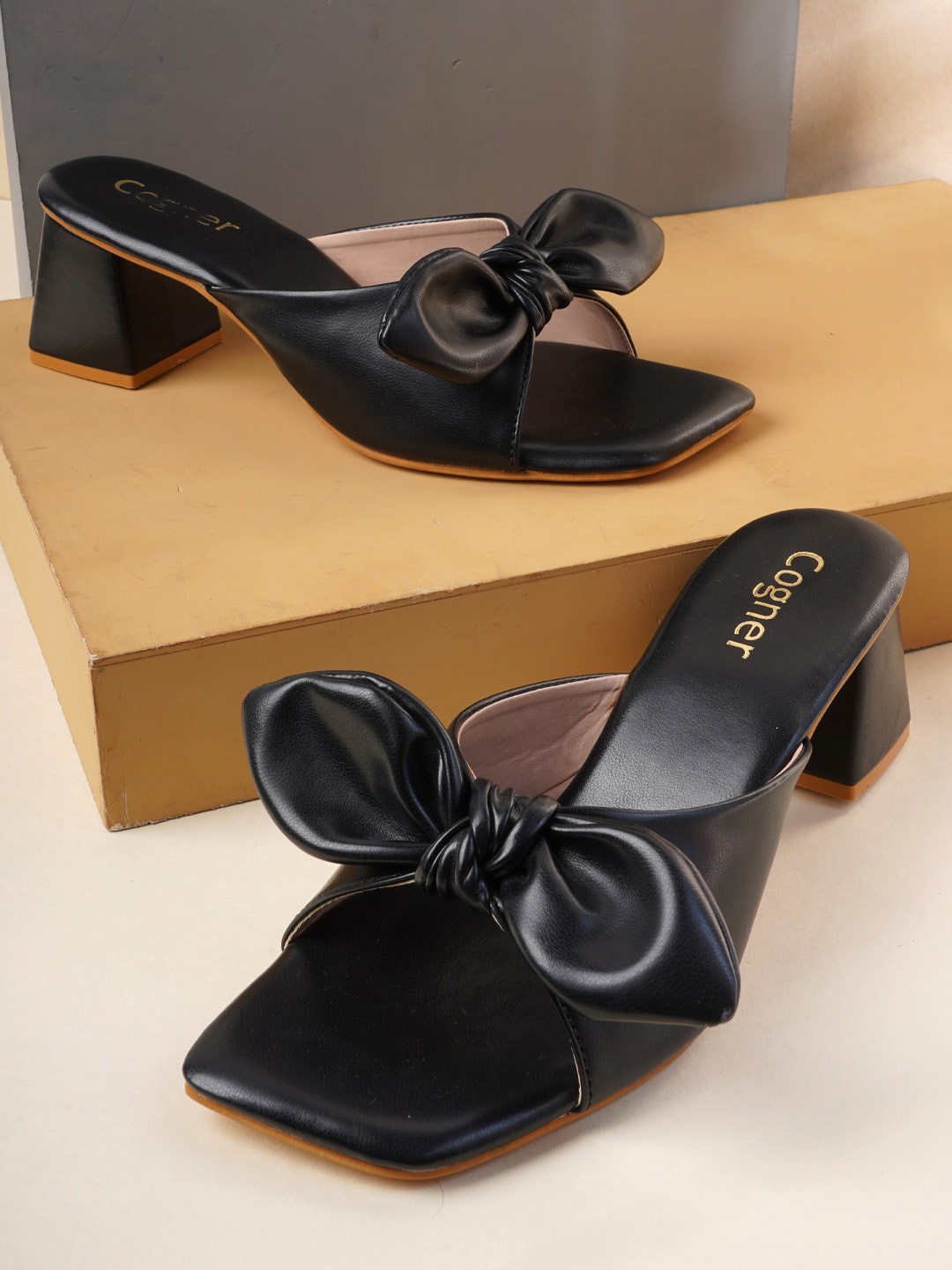 

Cogner Black Party Block Heels with Bows