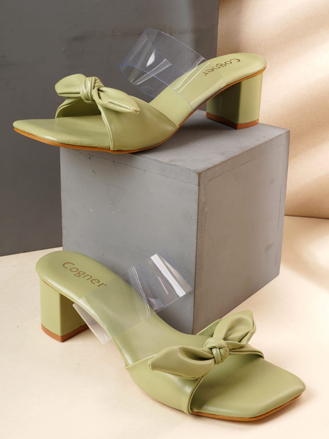 

Cogner Olive Green Party Block Mules with Bows