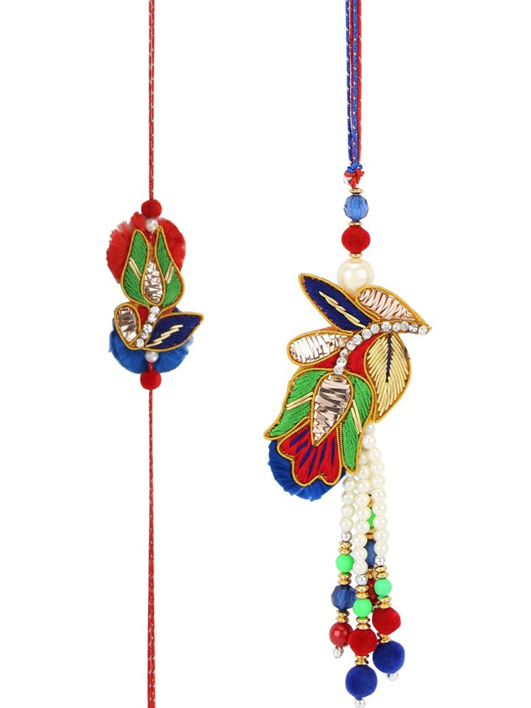 

Arendelle Set of 2 Gold-Plated Red & Blue Stone Studded & Beaded Rose Flower Rakhis