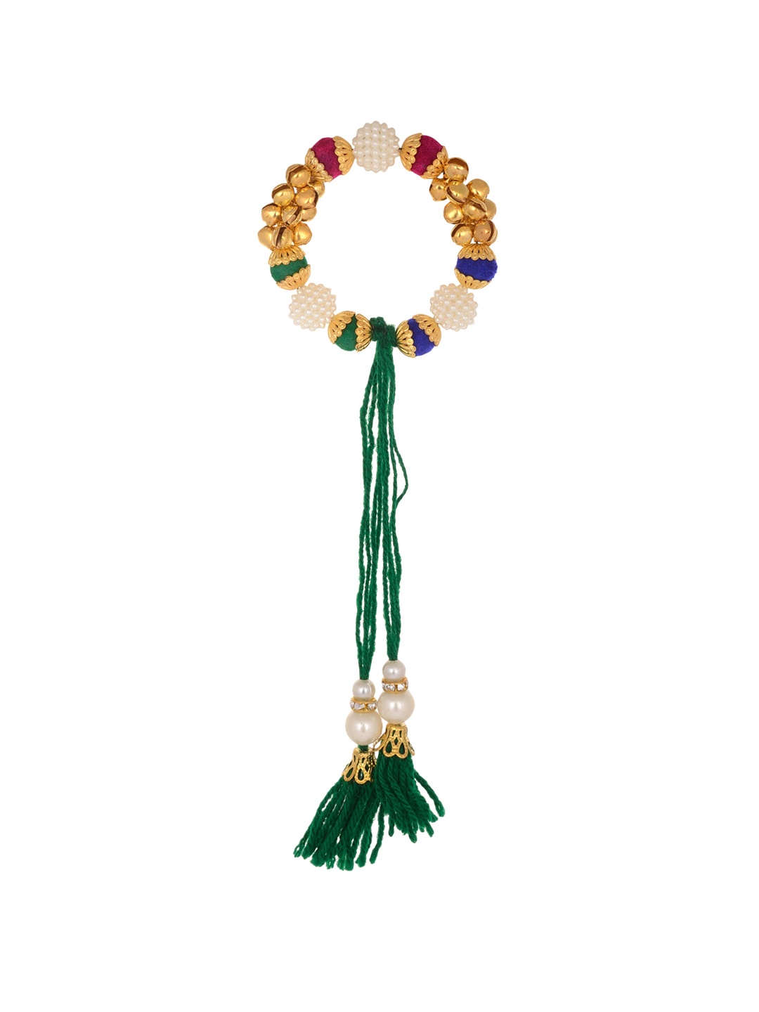 

Arendelle Women Gold Toned & Green Ghungroo Pearl Stretch Bangle with Tassel