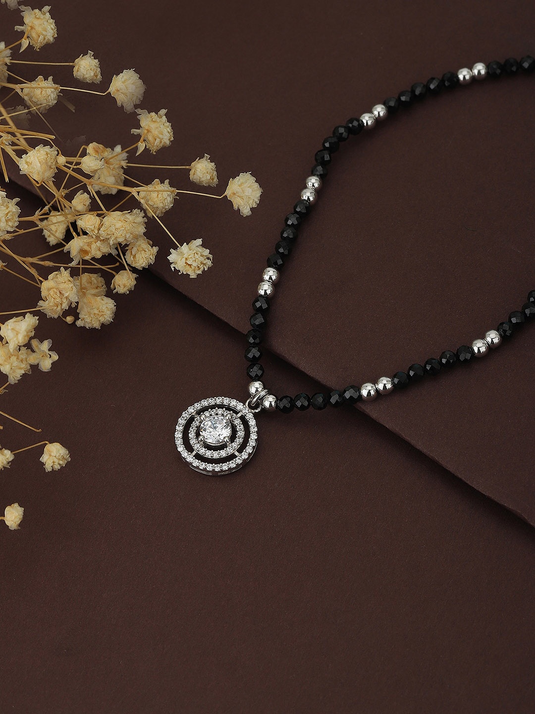 

VANBELLE 925 Sterling Silver Rhodium Plated Silver & Black Beaded Mangalsutra