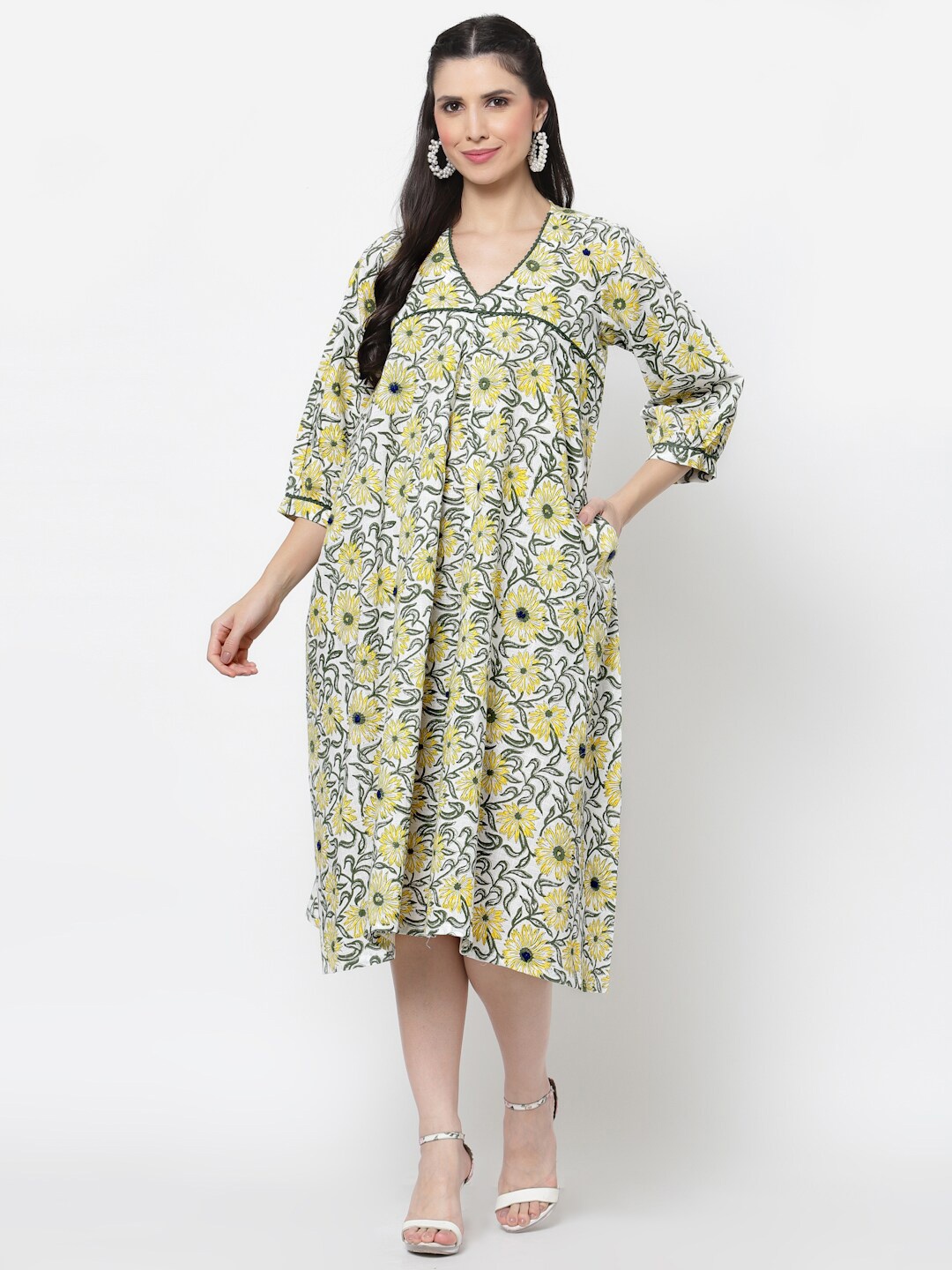 

DART STUDIO Yellow Floral A-Line Midi Dress