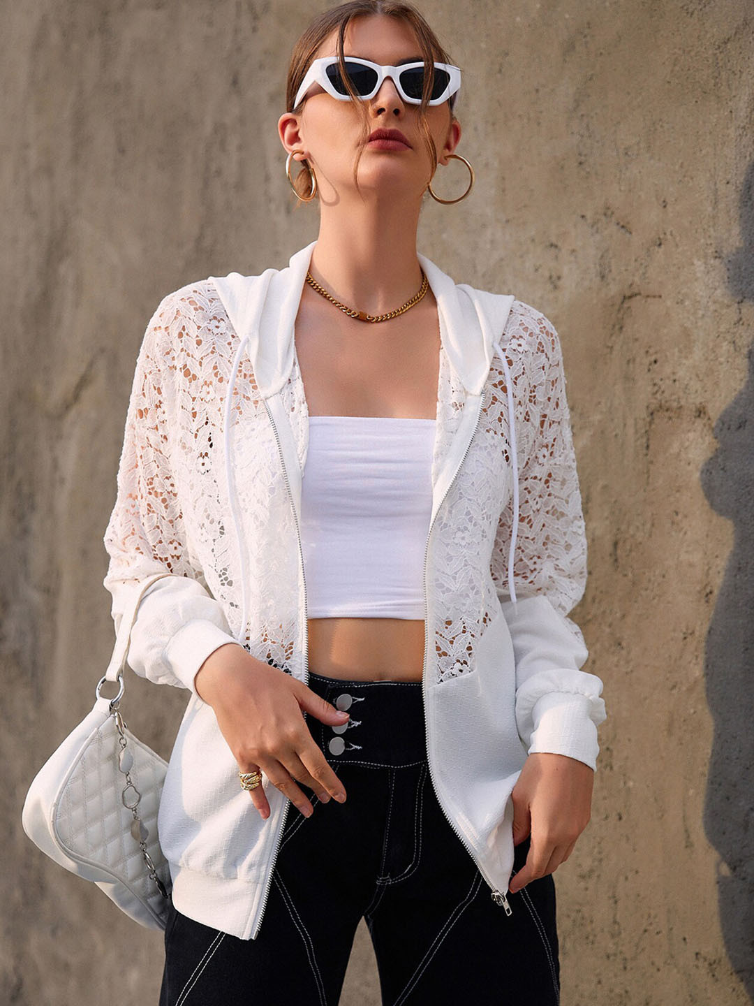 

URBANIC Women White Geometric Crop Tailored Jacket with Embroidered