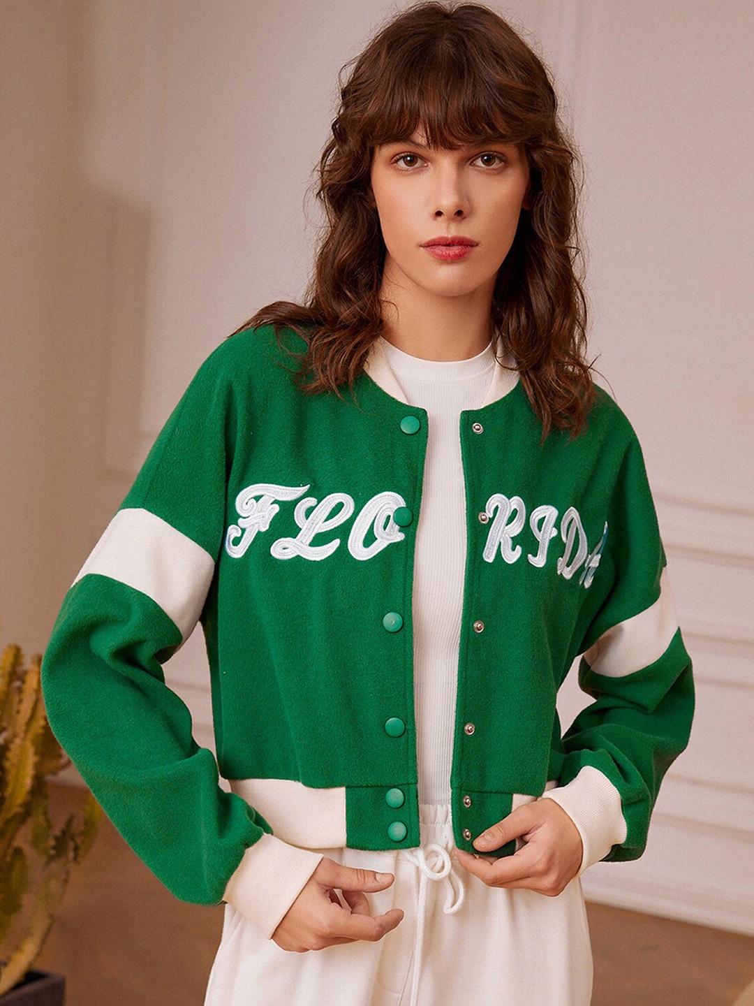 

URBANIC Women Green Crop Bomber Jacket