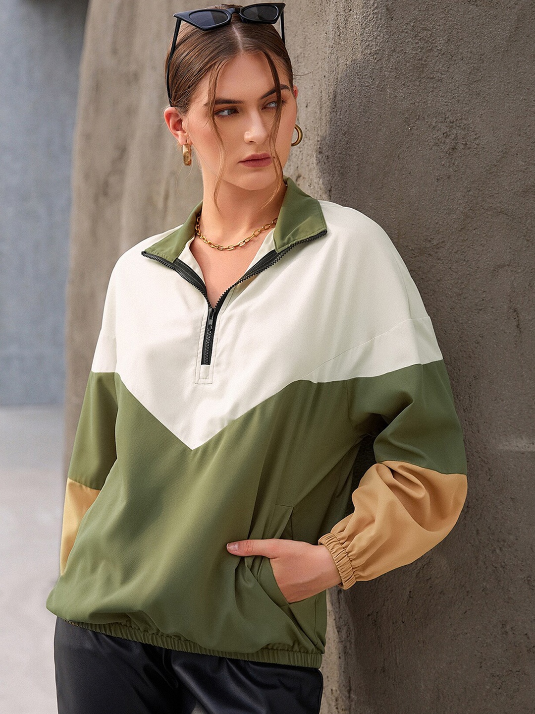 

URBANIC Women Olive Green Colourblocked Bomber With Embroidered Jacket