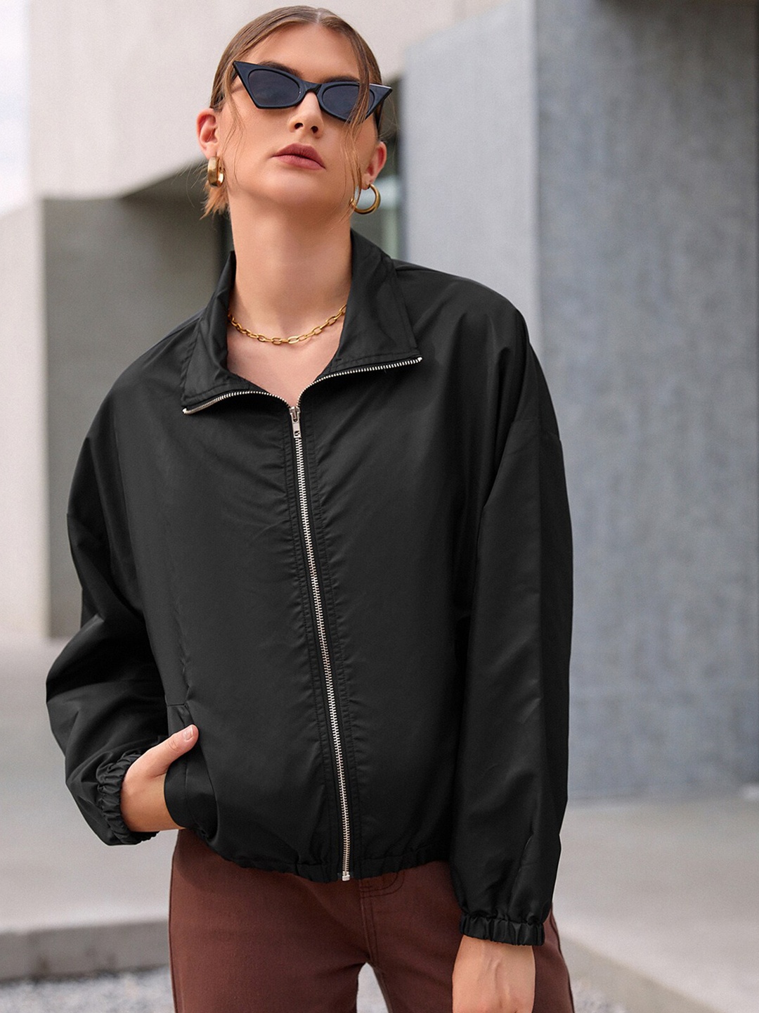 

URBANIC Women Black Solid Biker Jacket