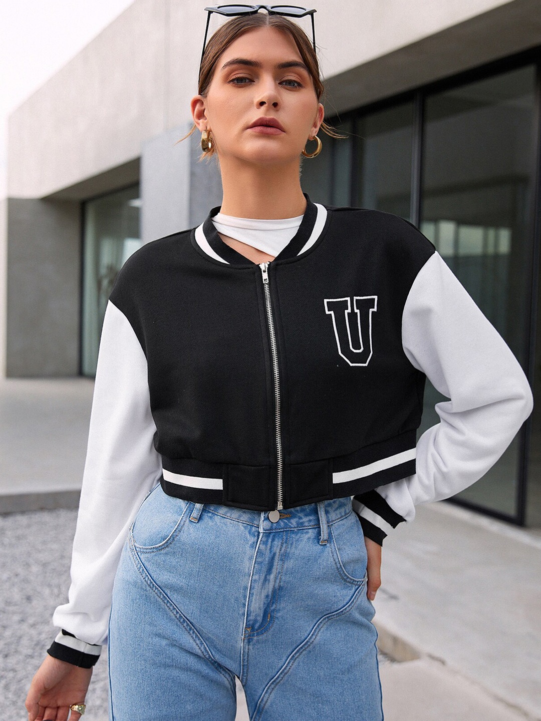 

URBANIC Women Black Cropped Colourblocked Bomber with Patchwork Jacket