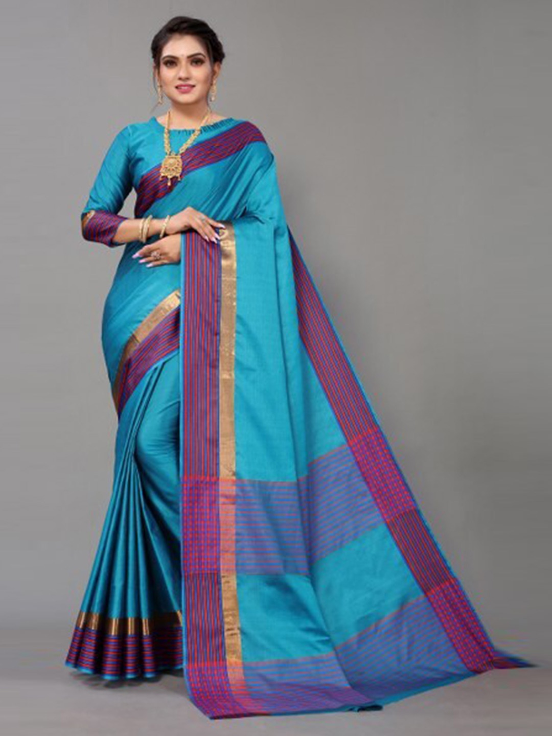 

Yashika Teal & Pink Striped Silk Cotton Saree