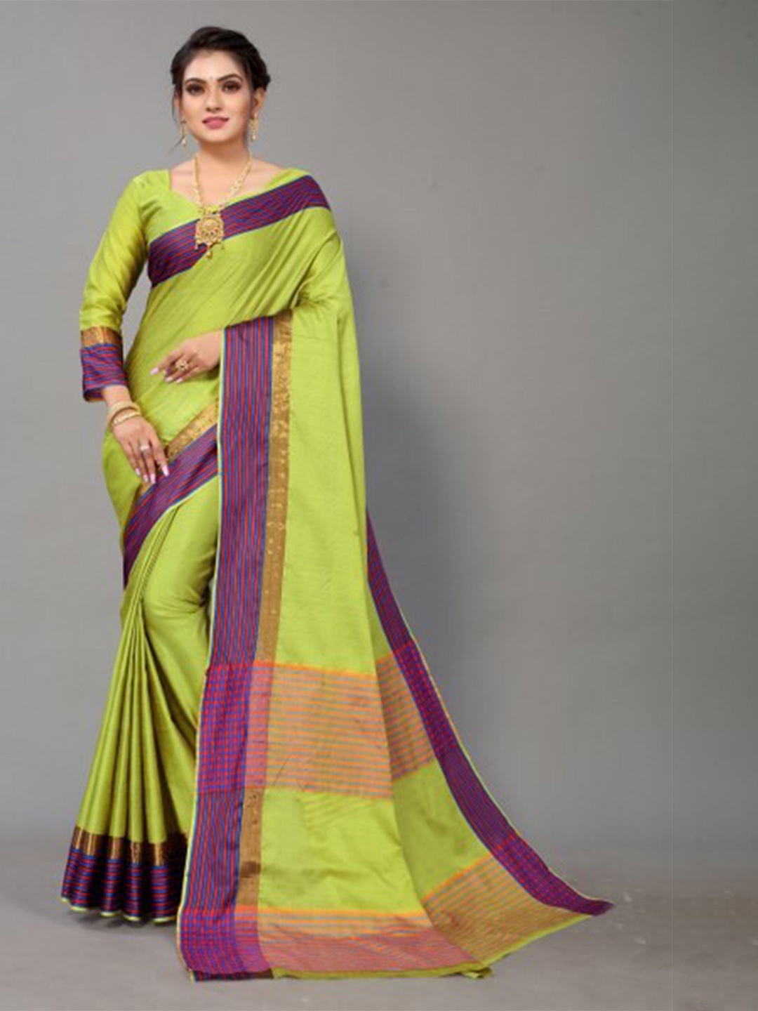 

Yashika Fluorescent Green & Blue Striped Silk Cotton Saree