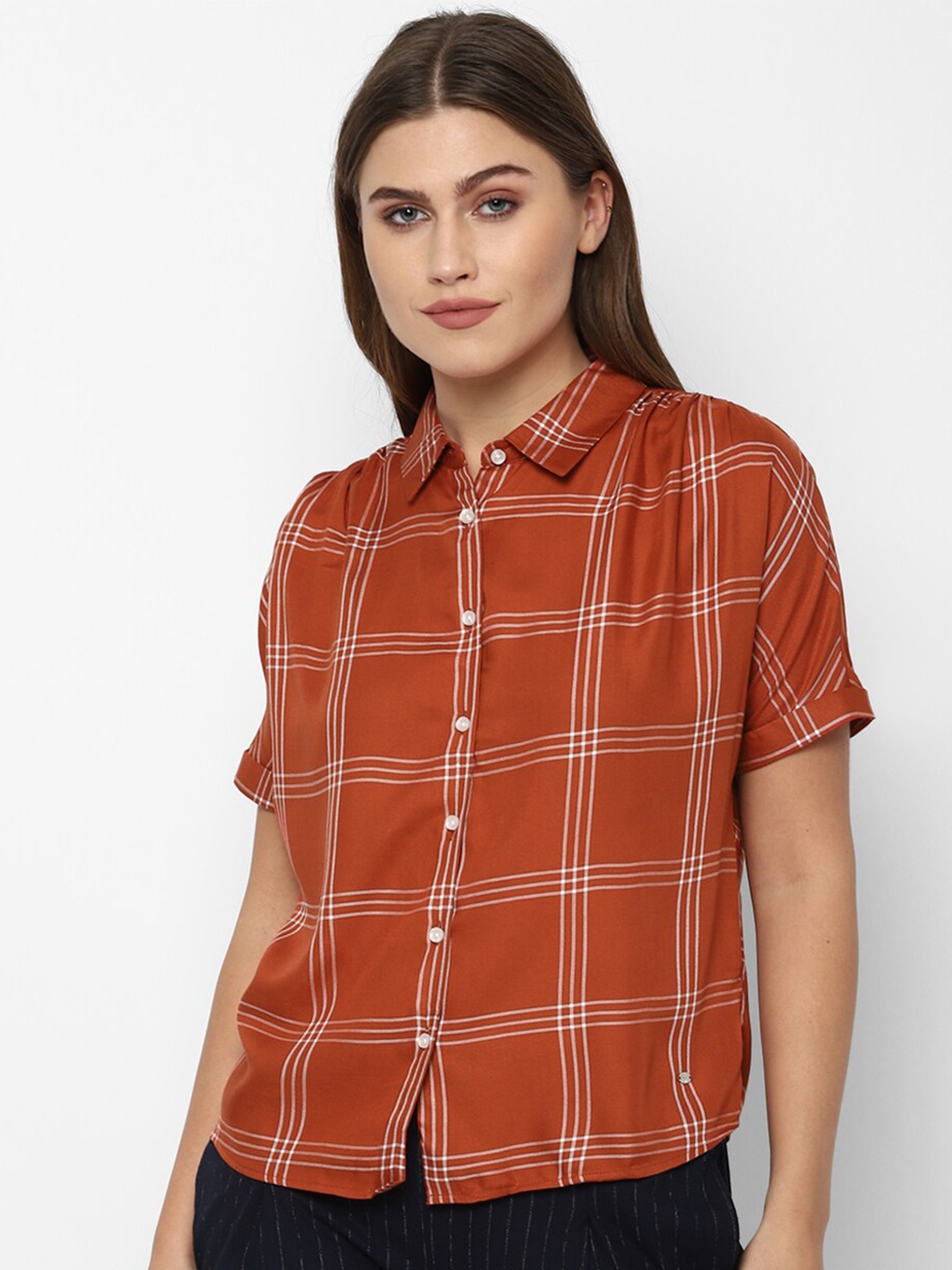 

Allen Solly Woman Women Orange Viscose Tartan Checks Checked Casual Shirt