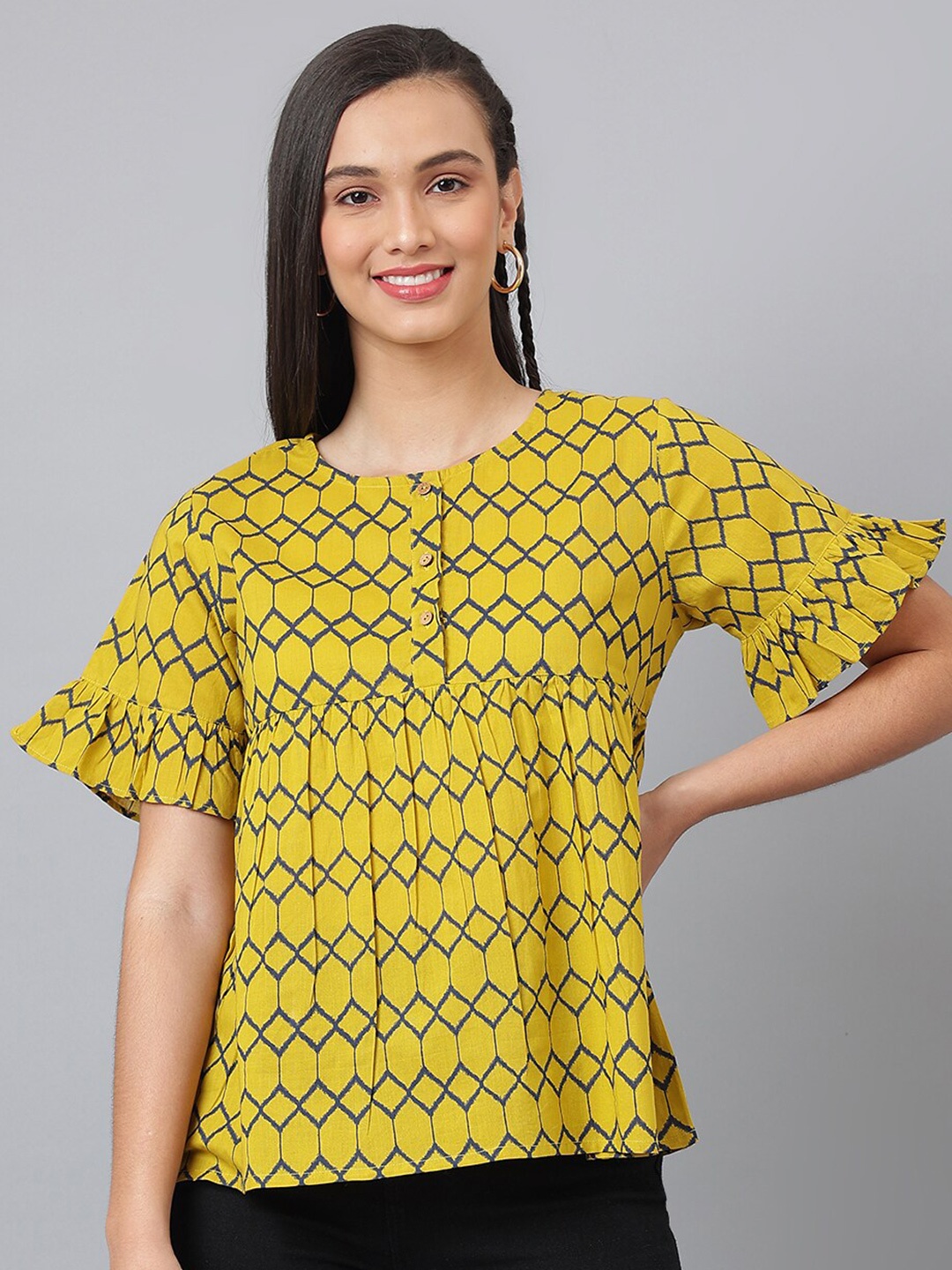 

DECKEDUP Women Yellow Geometric Print Pure Cotton Top