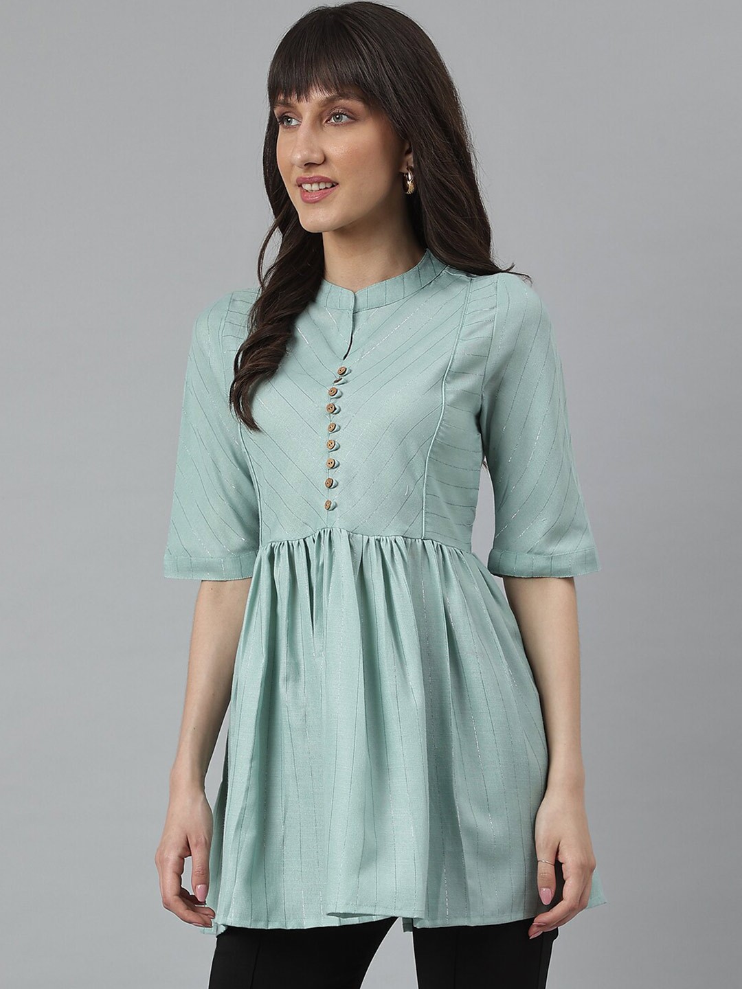 

DECKEDUP Green Printed Pleats Gathered Top