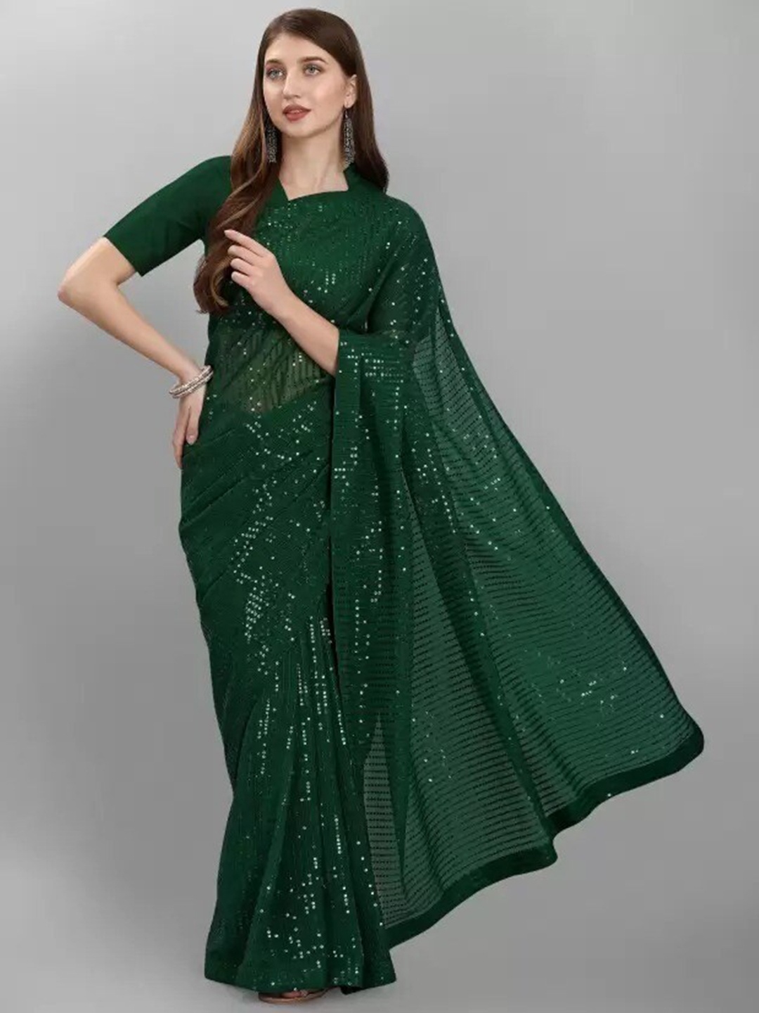 

Sangria Green Embellished Sequinned Pure Georgette Saree