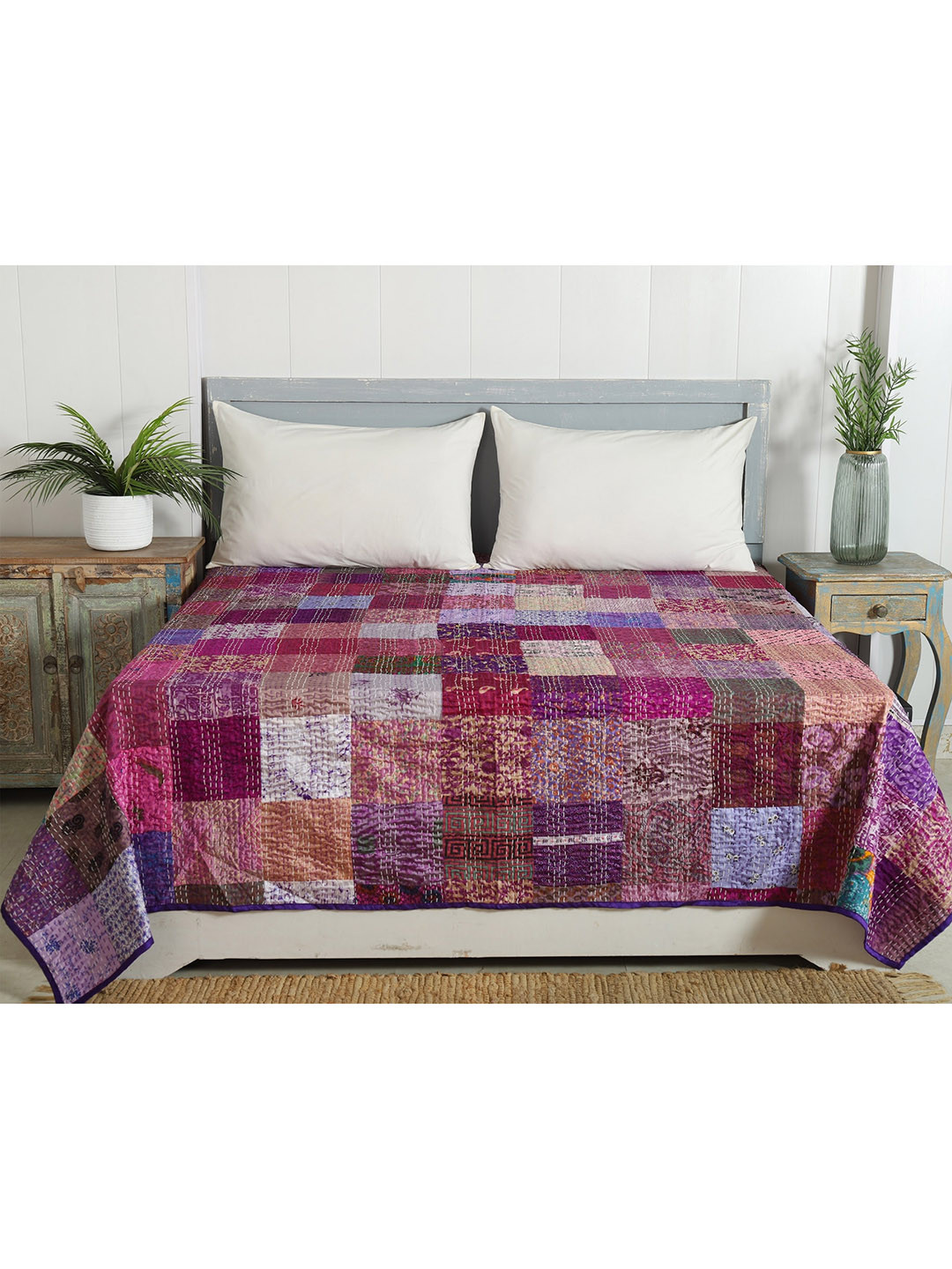 

HANDICRAFT PALACE Women Turquoise-Blue Kantha Patchwork Double Queen Bed Covers, Purple