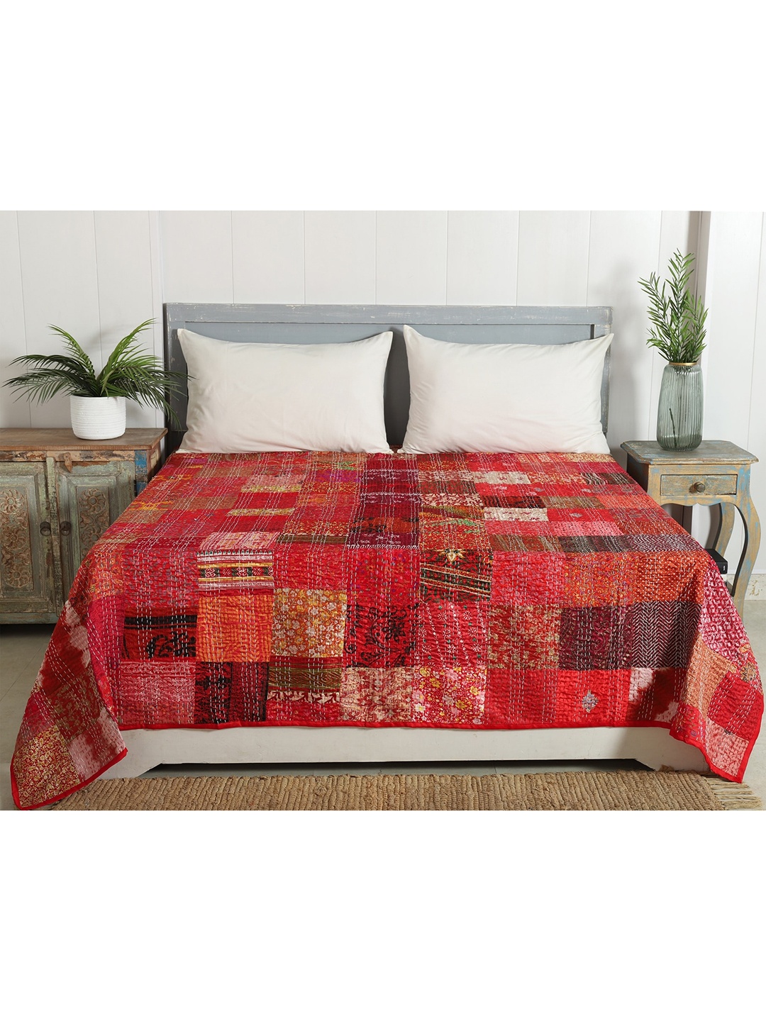 

HANDICRAFT PALACE Red Silk Double Size Bed Cover