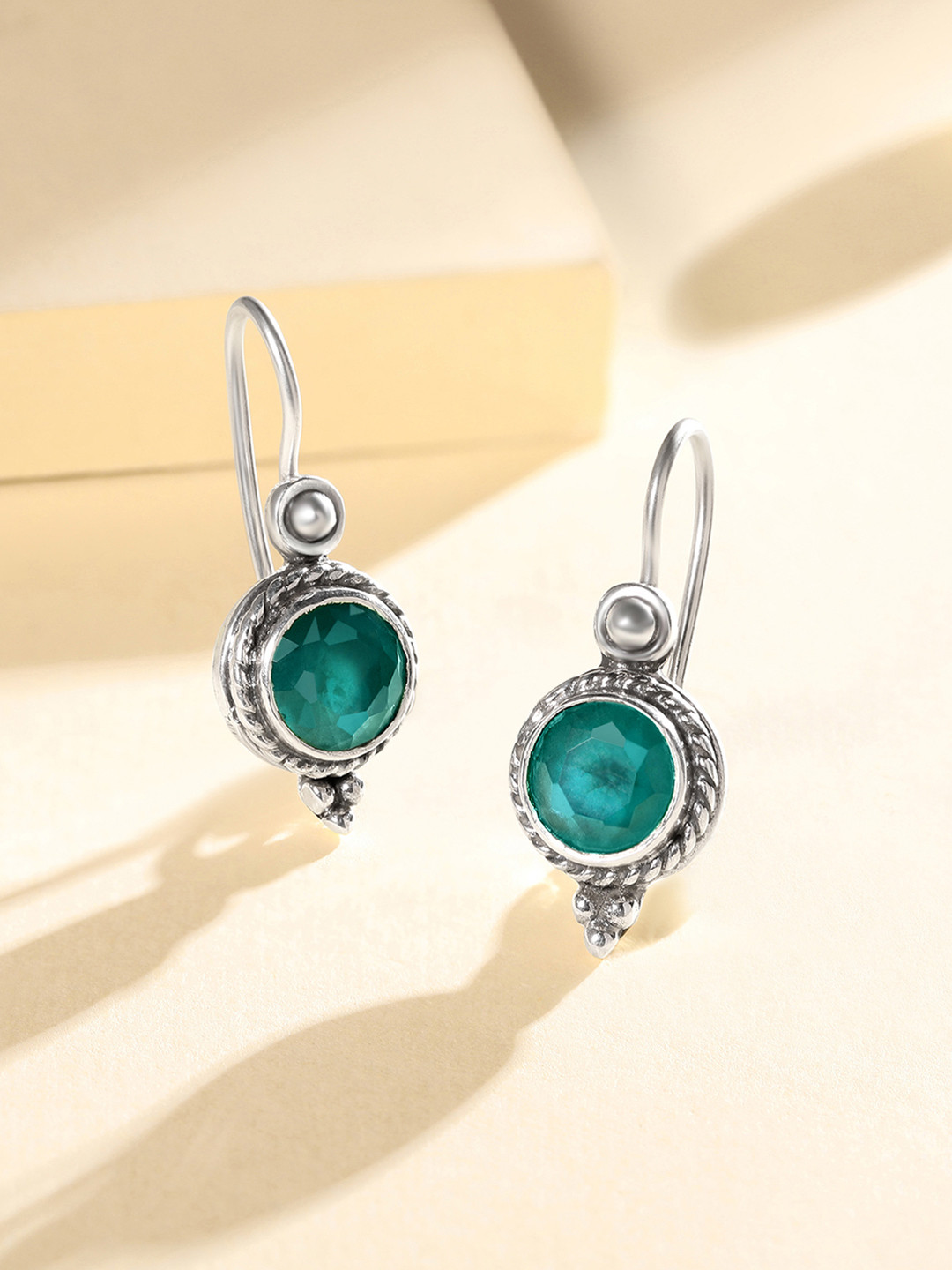 

Silvora by Peora Green and Silver-Plated Circular Drop Earrings