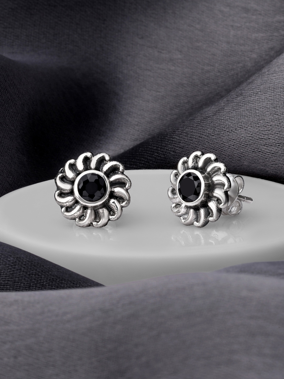 Silvora by Peora Black 925 Sterling Silver Floral Studs Earrings