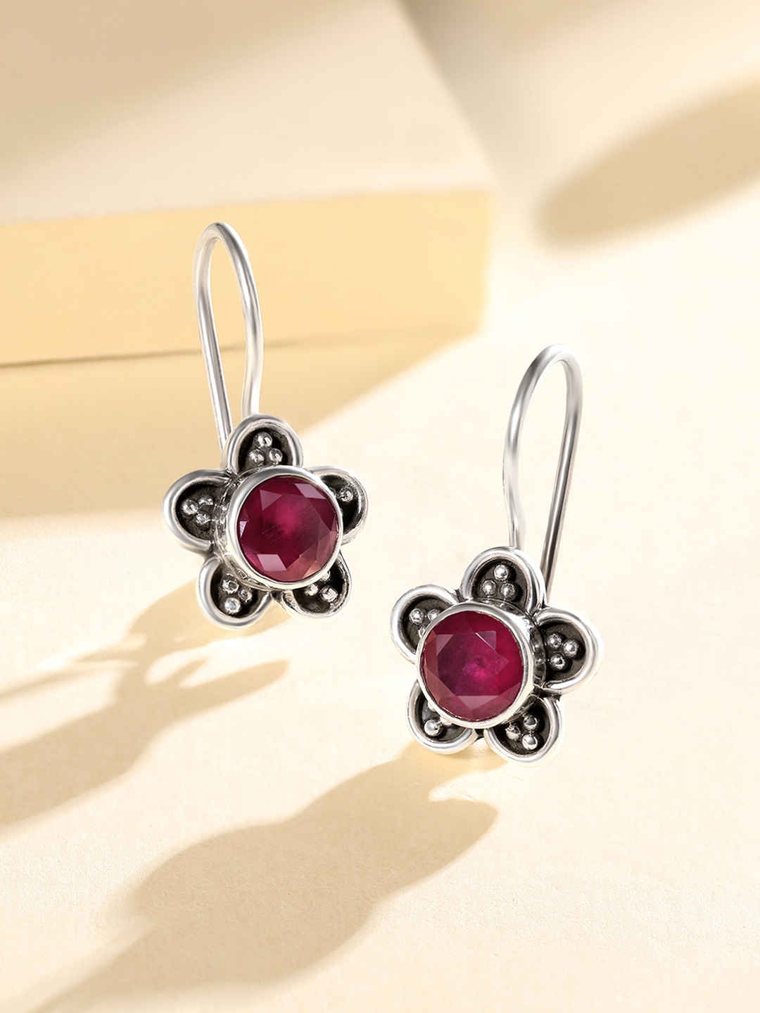 

Silvora by Peora Red & Black Floral 925 Sterling Silver CZ Oxidised Drop Earrings