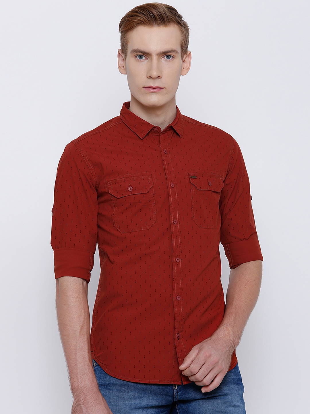 

LOCOMOTIVE Men Rust Red Slim Fit Printed Casual Shirt