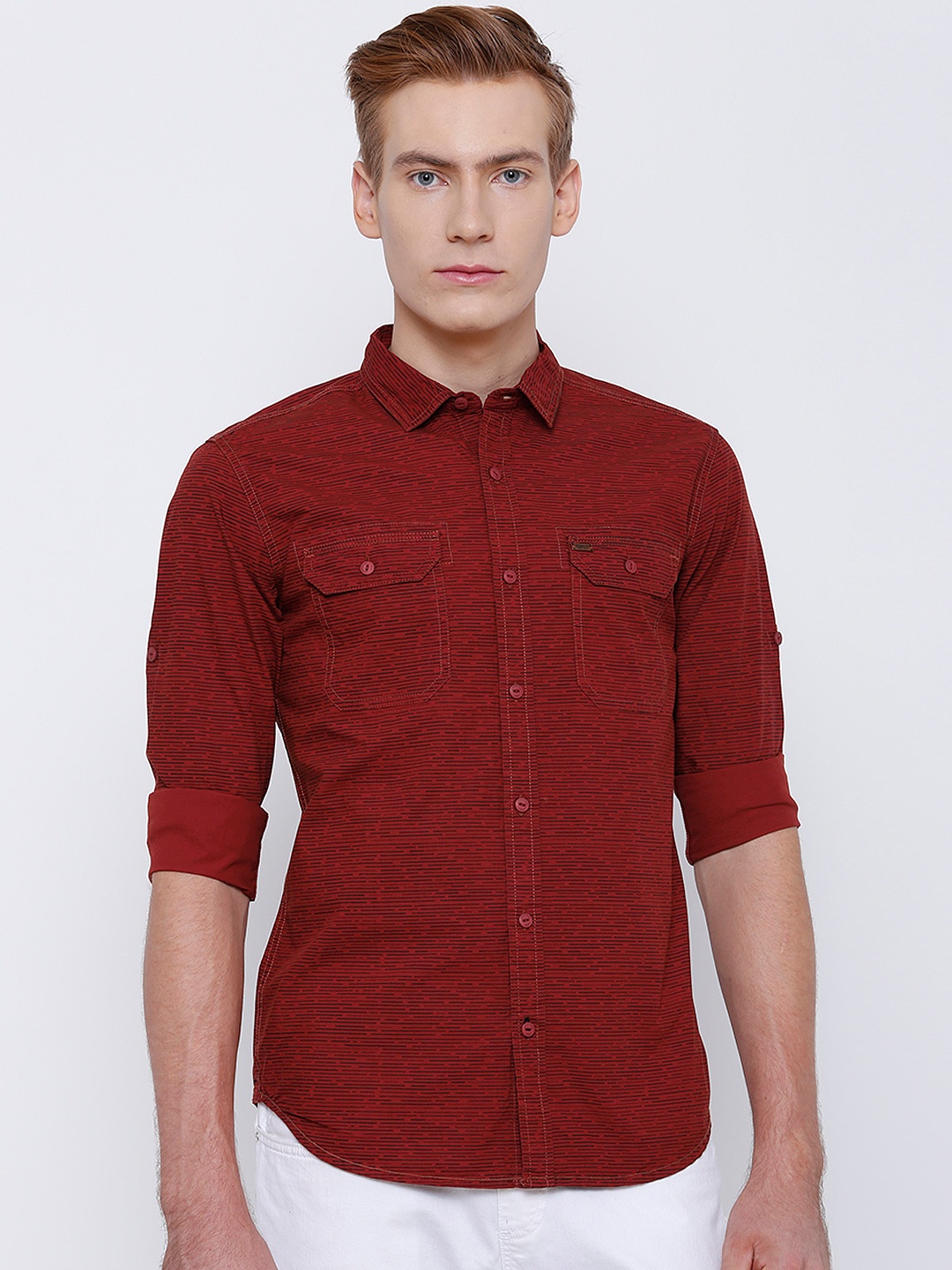 

LOCOMOTIVE Men Rust Red Slim Fit Printed Casual Shirt