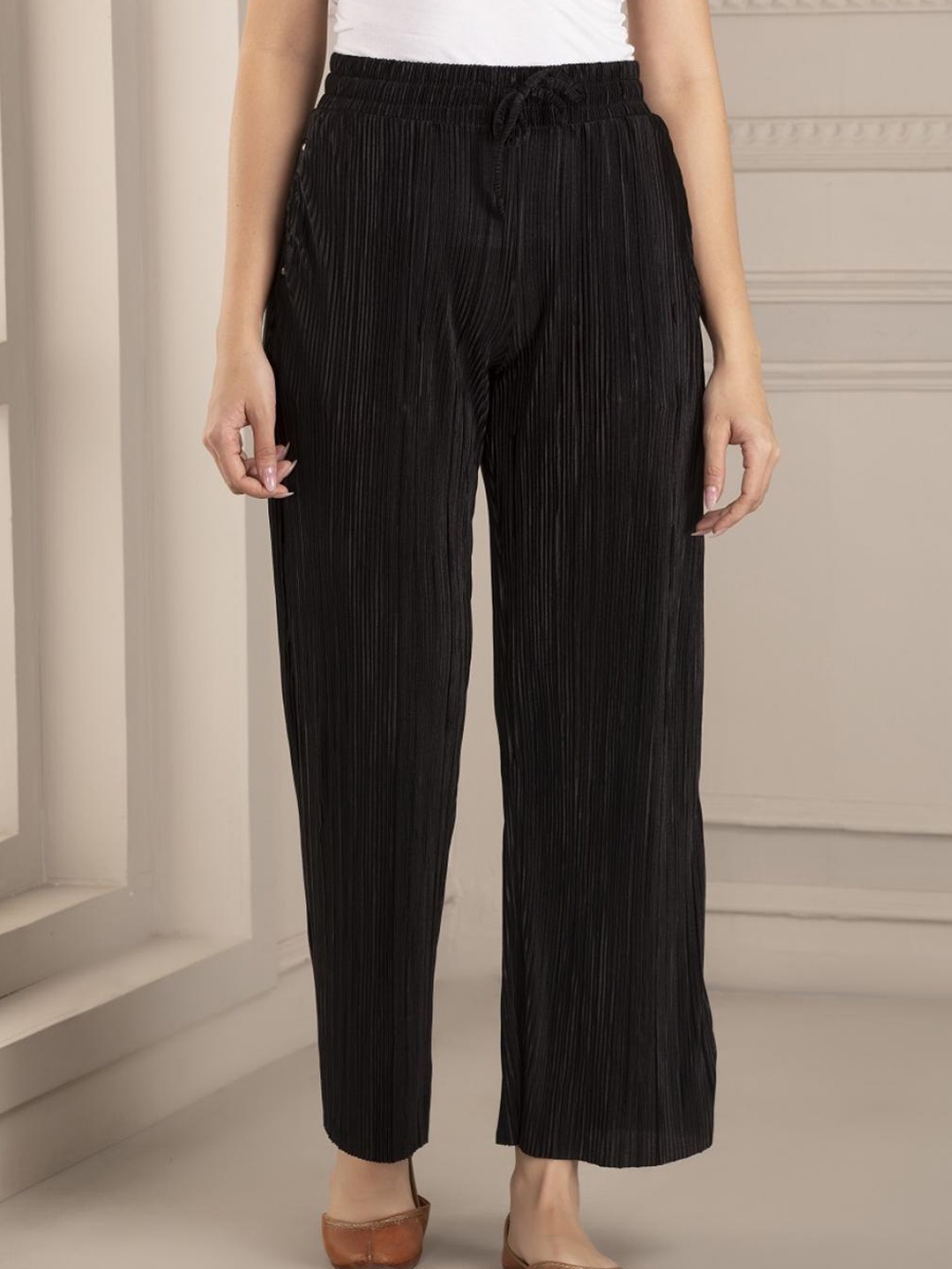

Lakshita Women Black Striped Relaxed Loose Fit Trousers
