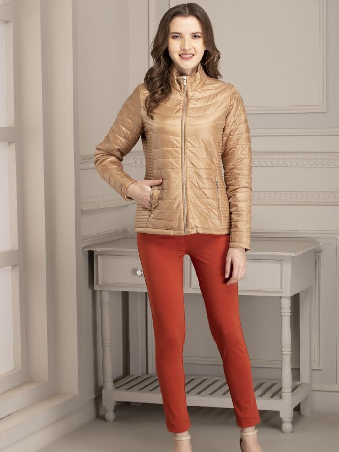 

Lakshita Women Gold-Toned Insulator Longline Outdoor Padded Jacket with Embroidered