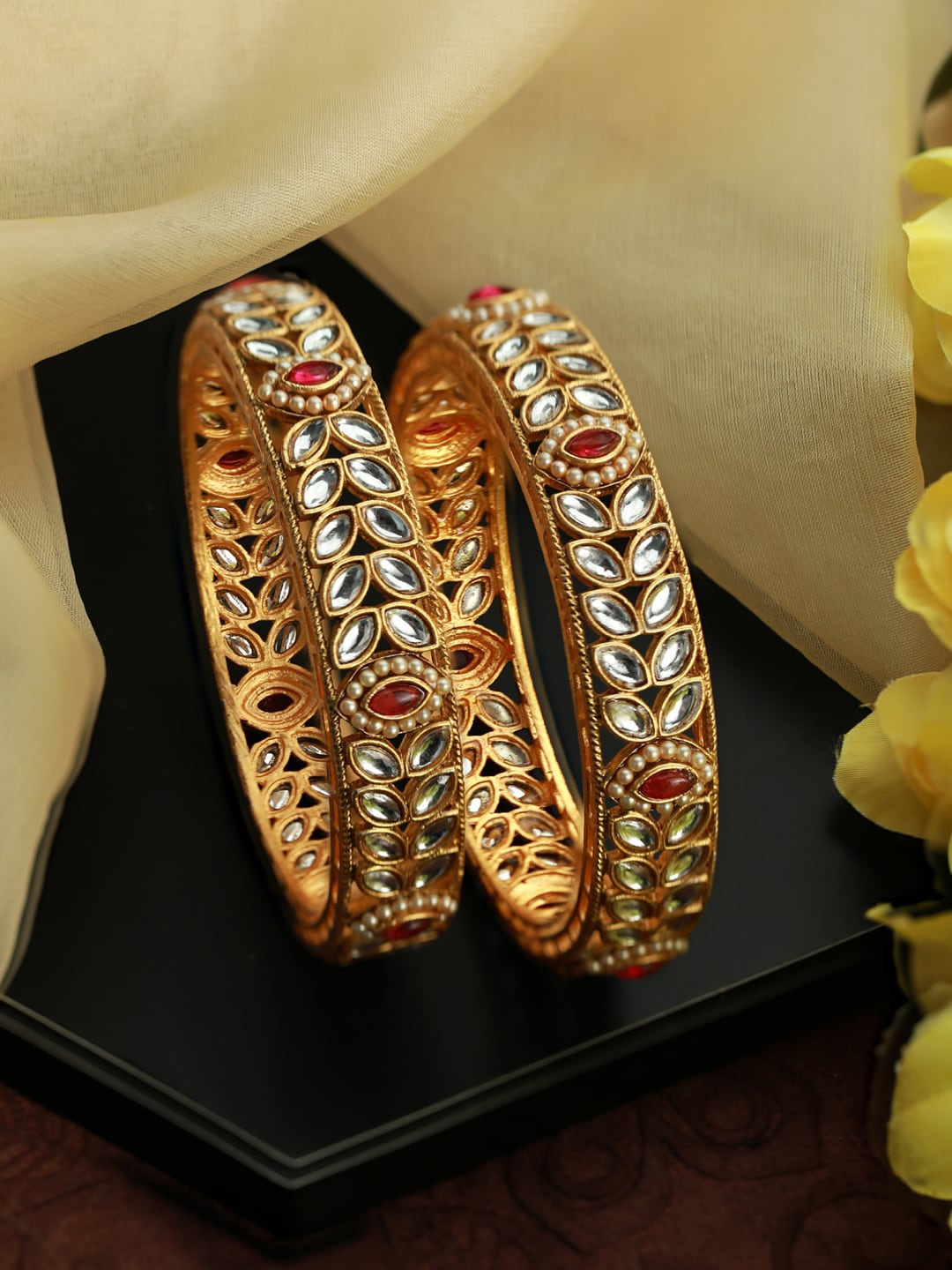 

Priyaasi Women Set Of 2 Gold-Plated White & Pink Kundan-Studded Bangles, Multi