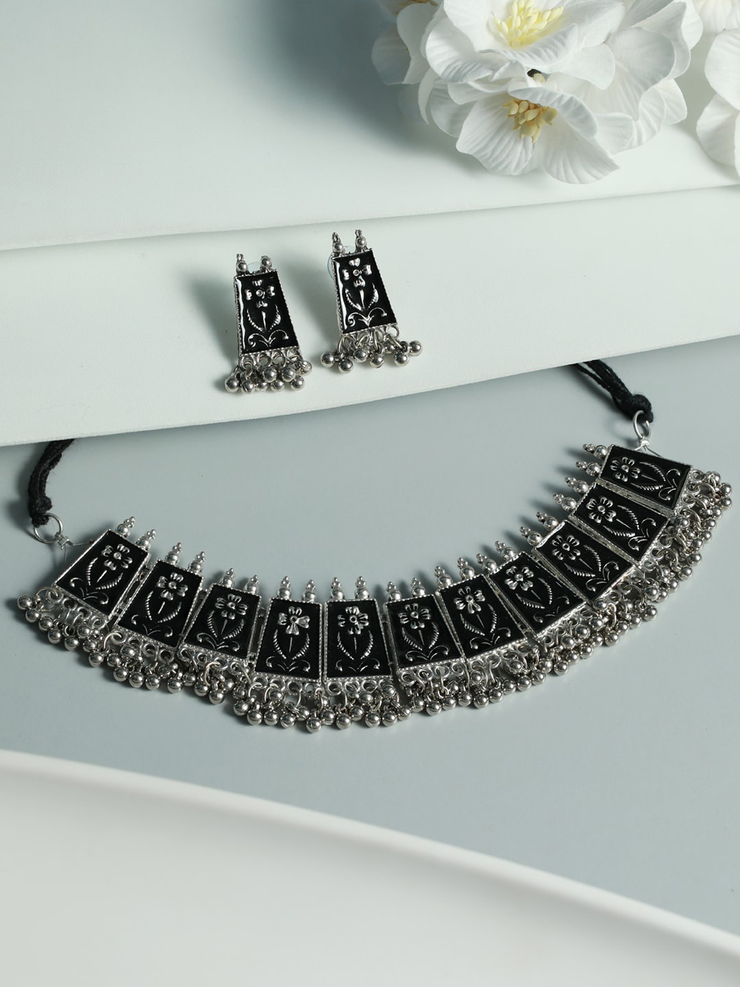 

Priyaasi Silver-Plated Black Coloured Oxidized Jewellery Set
