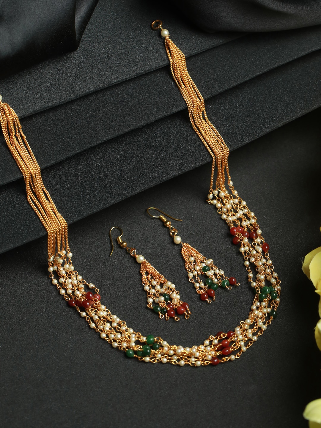 

Priyaasi Gold-Plated Green & Red Pearls Layered Jewellery Set