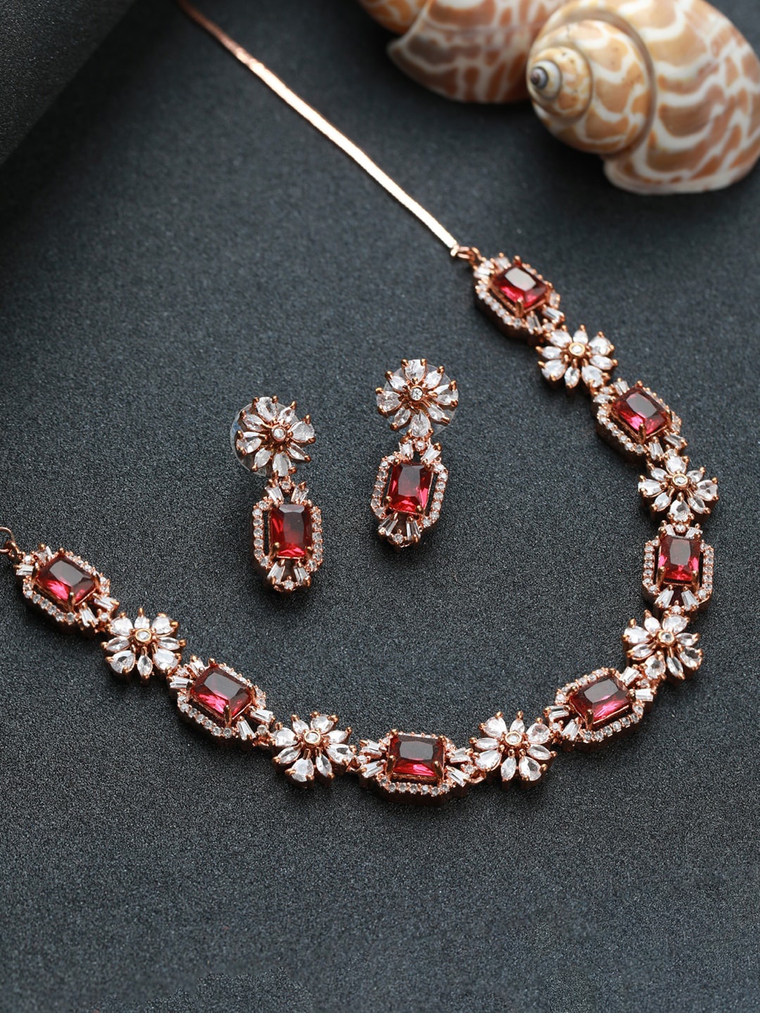 

Priyaasi Women Rose Gold-Plated Pink & White AD-Studded Jewellery Set