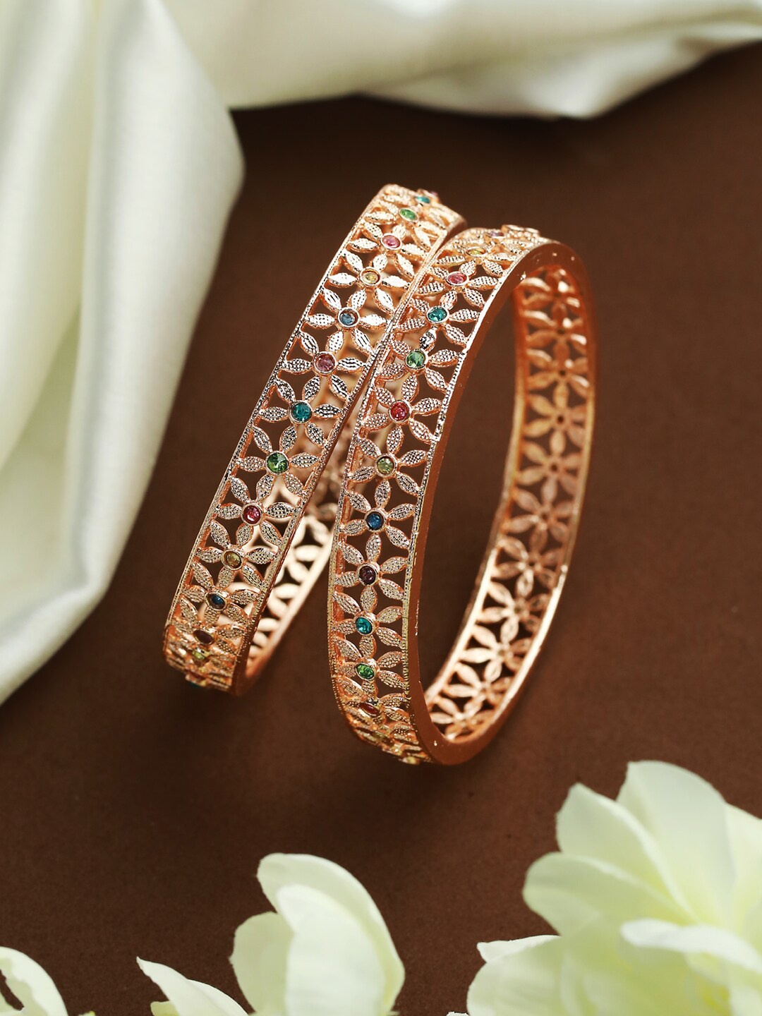 

Priyaasi Set Of 2 Rose Gold-Plated & Green Stone-Studded Bangles