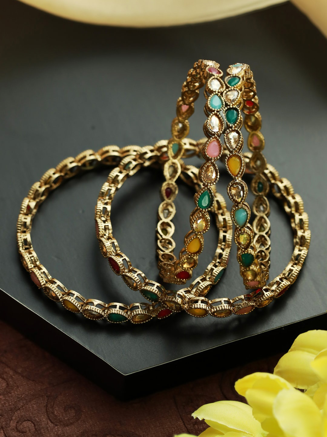 

Priyaasi Set Of 4 Gold-Plated Green & Pink Stone-Studded Bangles