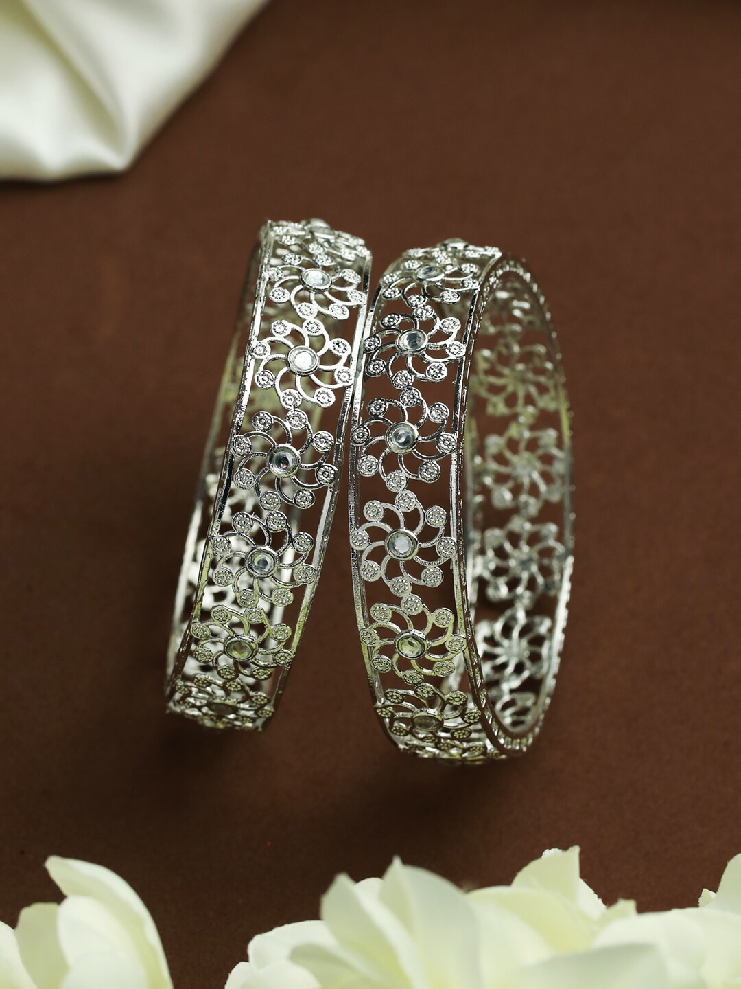 

Priyaasi Set Of 2 Silver-Plated White Stone-Studded Bangles