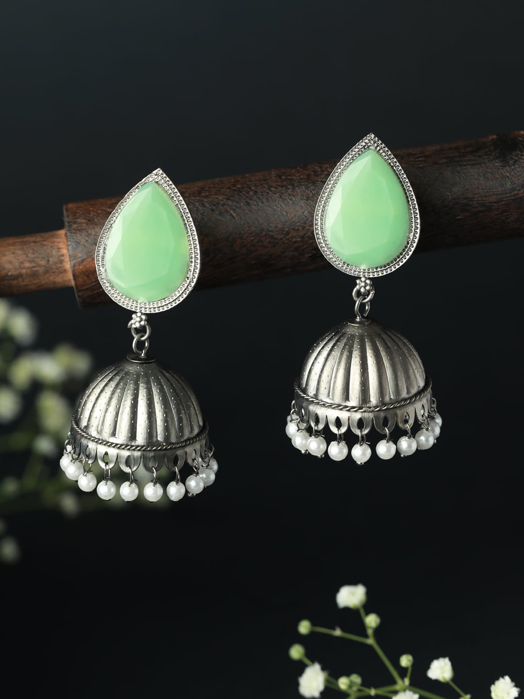 

Priyaasi Oxidised Silver-Plated Mint Green Stone Studded Jhumkas Earrings