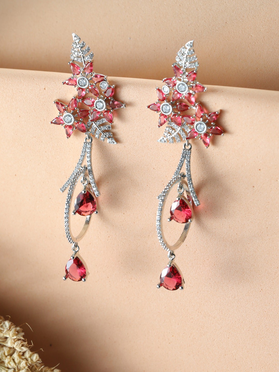 

Priyaasi Women Sparkling Pink American Diamond Contemporary Drop Earrings