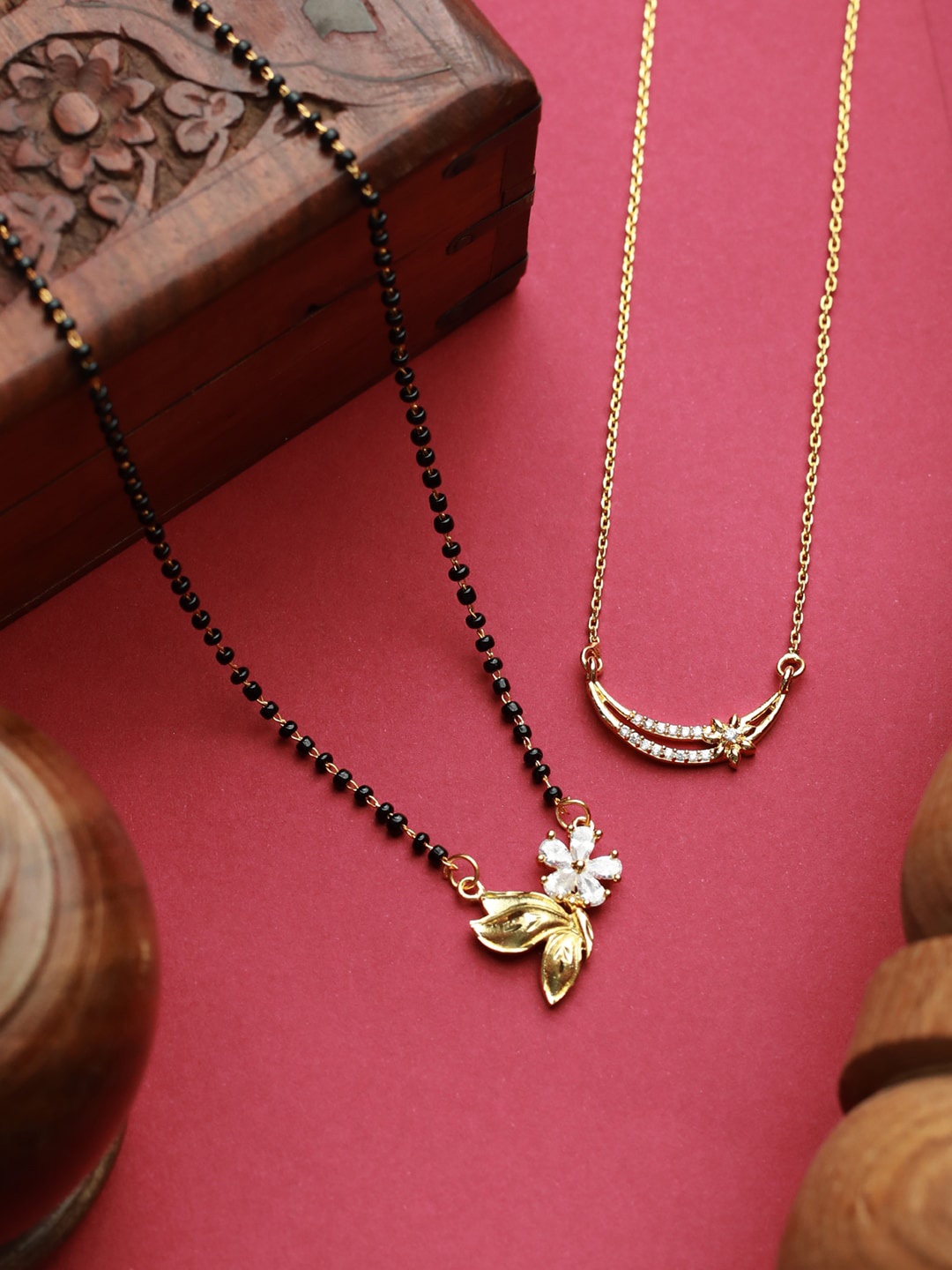 

Priyaasi Set Of 2 Gold-Plated White & Black Stone-Studded Beaded Mangalsutra