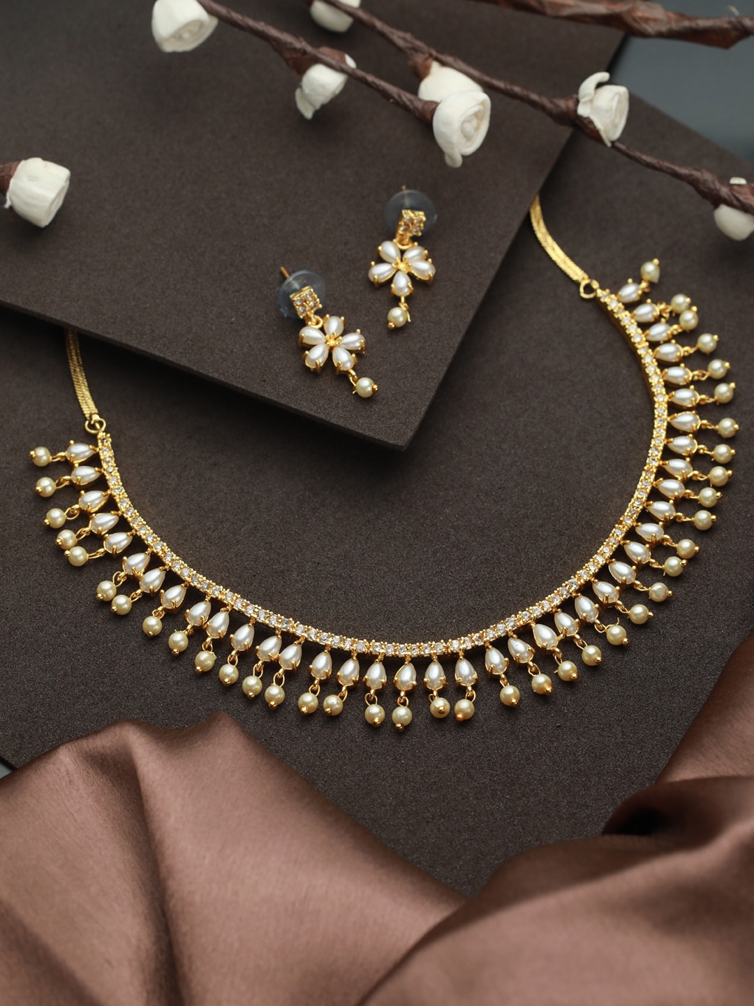 

Priyaasi Gold-Plated White Pearl AD-Studded Jewellery Set