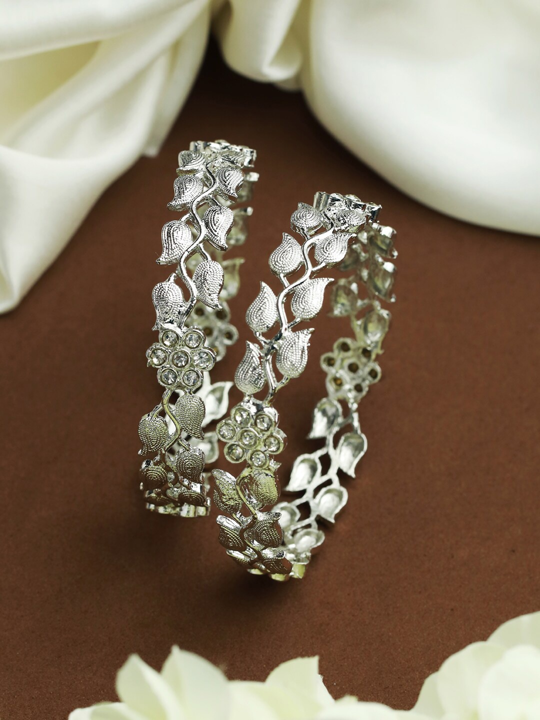 

Priyaasi Set Of 2 Sliver-Plated Stone-Studded Floral Bangles, Silver