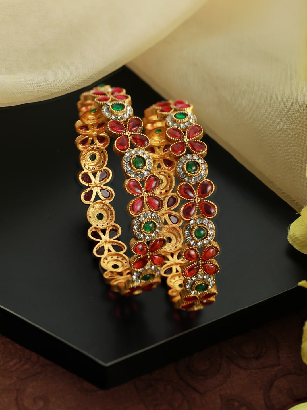 

Priyaasi Women Set of 2 Gold-Plated Pink & Green Stone Studded Flower Bangles, Multi